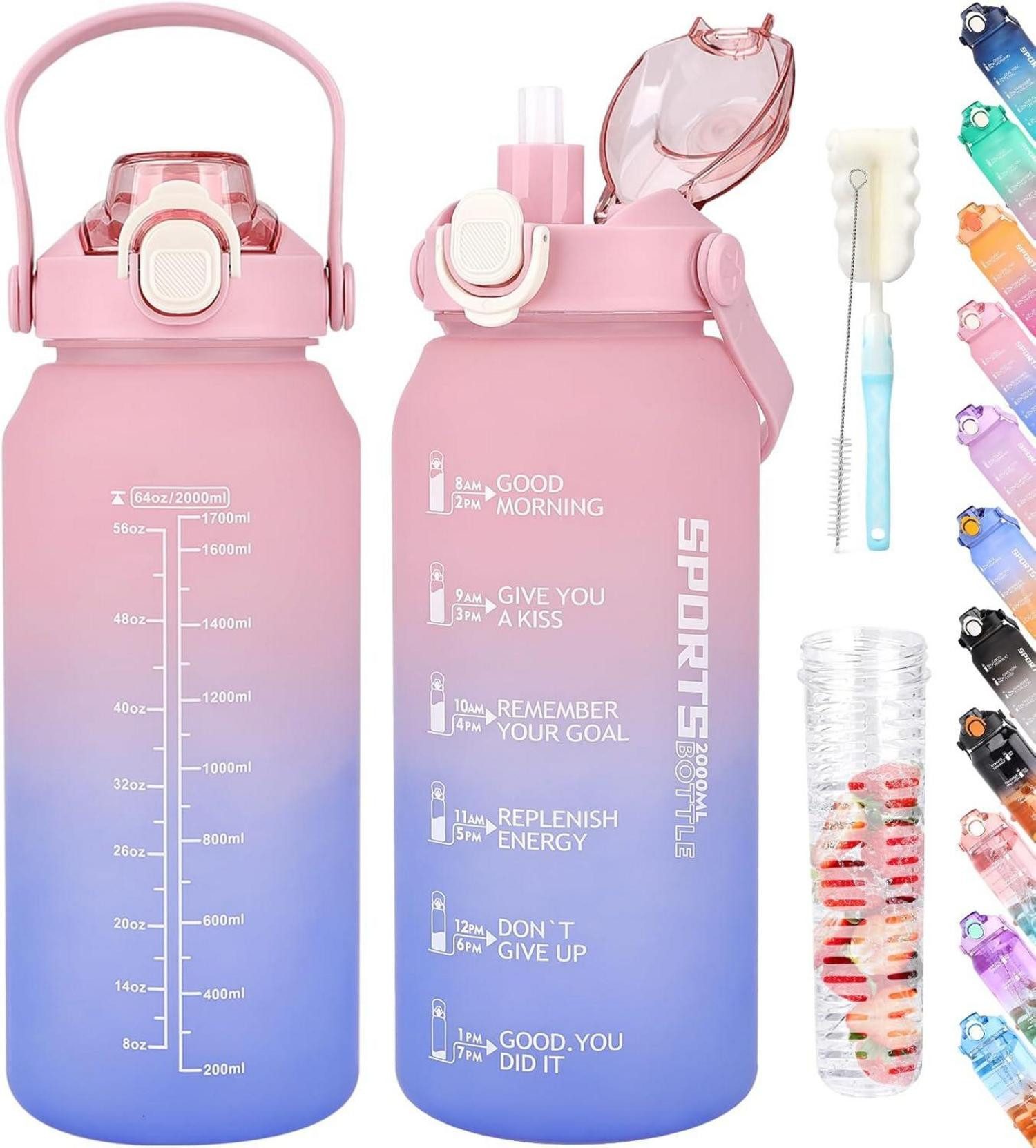 Becher Trinkflasche 2l mit Strohhalm, Früchtebehälter, Zeitmarkierung-Fitness