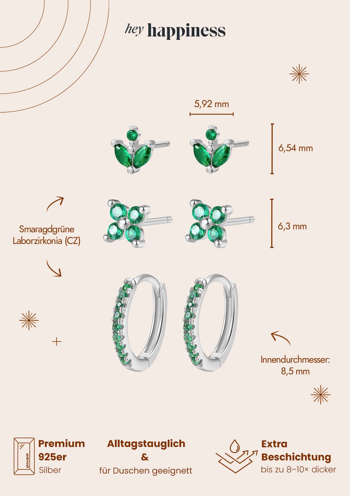 Hey Happiness Ohrring-Set Smaragd Glanz, Stack Damenset Silber 925, Kleine Silber Ohrringe Grüne Edelsteine, 6er Set