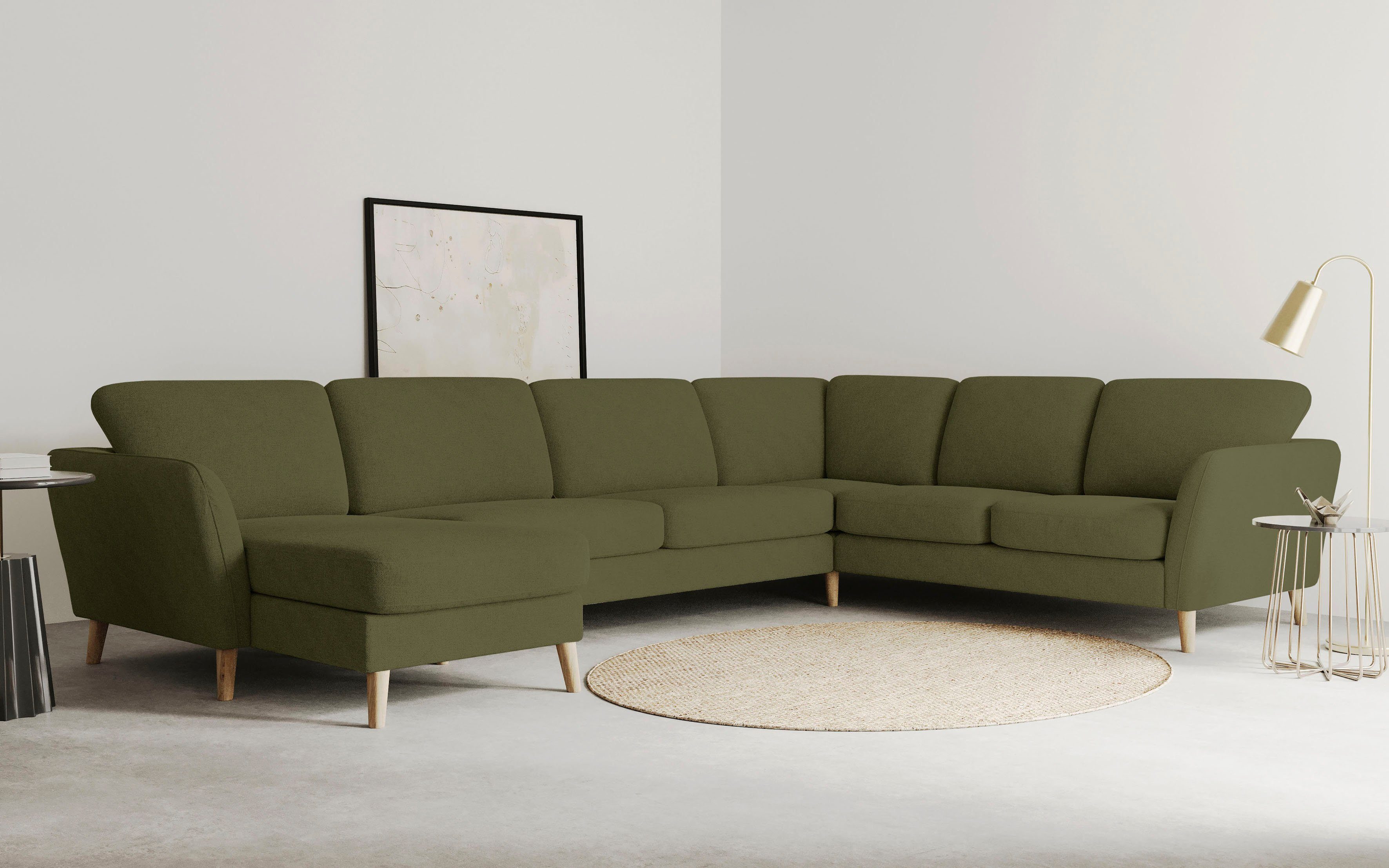 OTTO home Wohnlandschaft MARSEILLE XXL 349cm, U-Form, Ottomane rechts/links wählbar, Massivholzbeine aus Eiche, In verschieden Bezügen und Farbvarianten