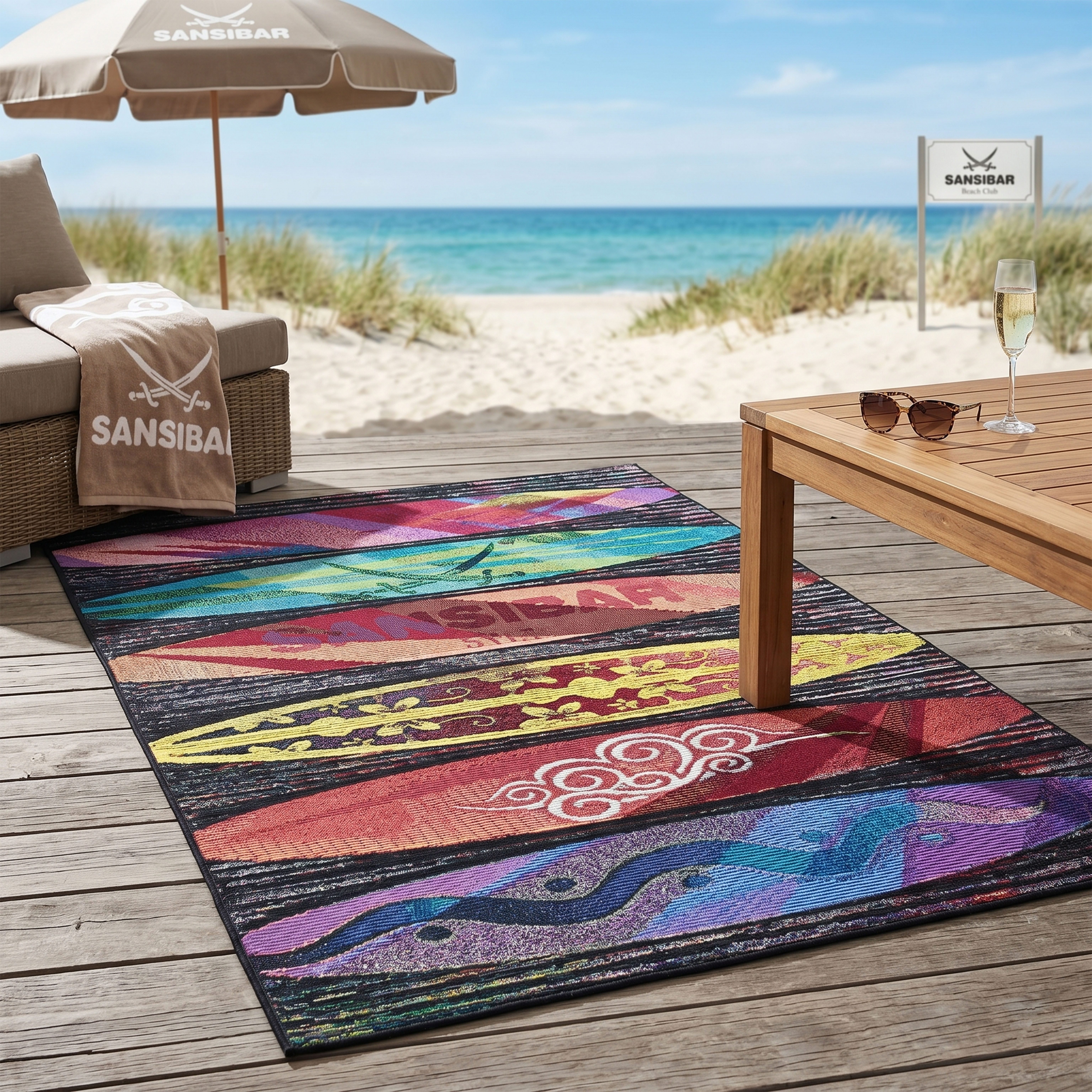 Sansibar Teppich Rantum Beach SA-016, rechteckig, Höhe: 5 mm, Flachgewebe, modernes Design, Surfboards, In- und Outdoor geeignet