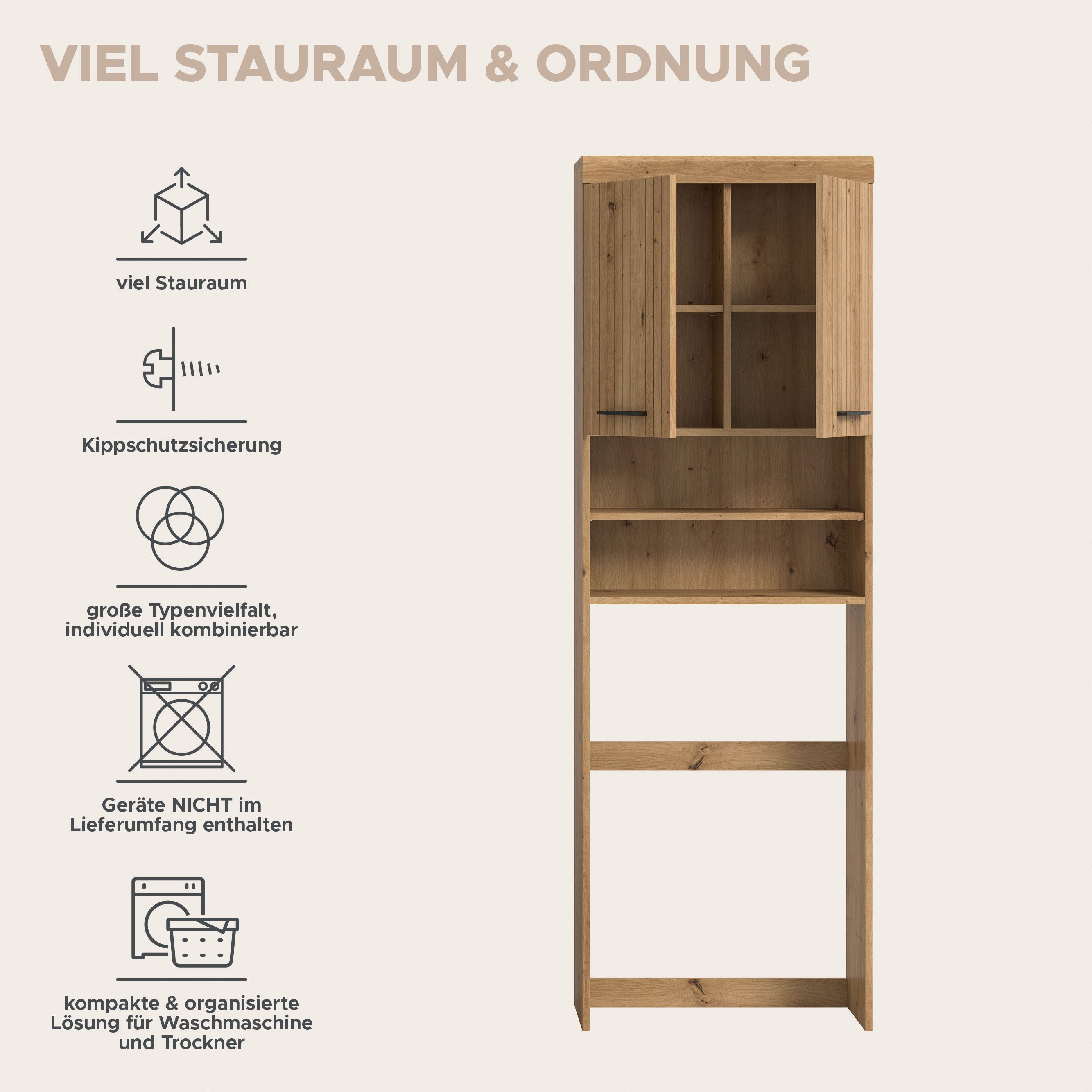 welltime Waschmaschinenumbauschrank SIENA, Breite 63cm, für Waschmaschine & Trockner, 2 Türen, MDF-Front (TOPSELLER) in verschiedenen Farben, Überbauschrank, Um – Bild 4 von 5