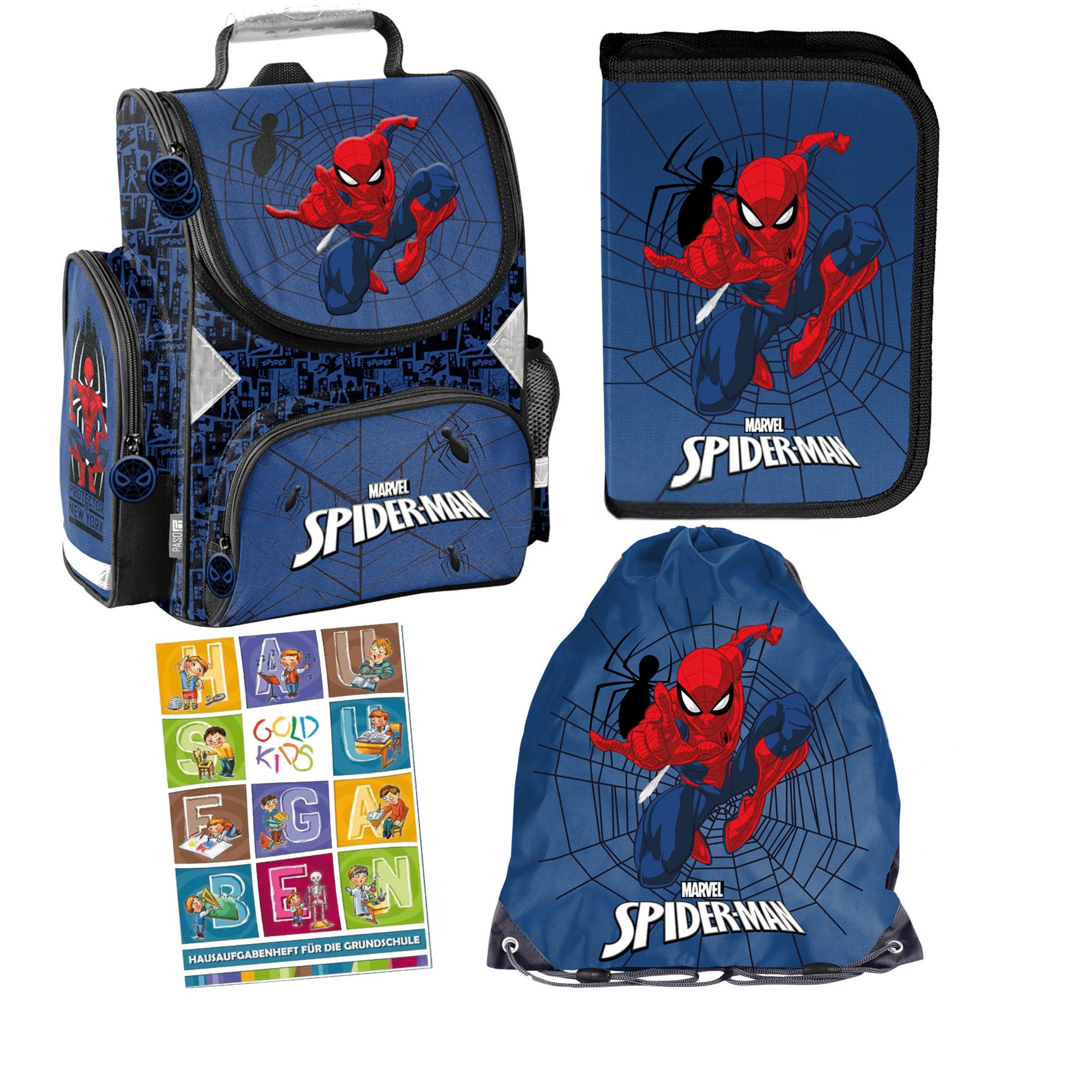 GOLDKIDS Schulranzen für Jungen, 4er- (Schul-Rucksack für Kinder mit, 1-tlg., Federmäppchen - Schuhbeutel), - Spiderman Motiv- 1-3 Klasse