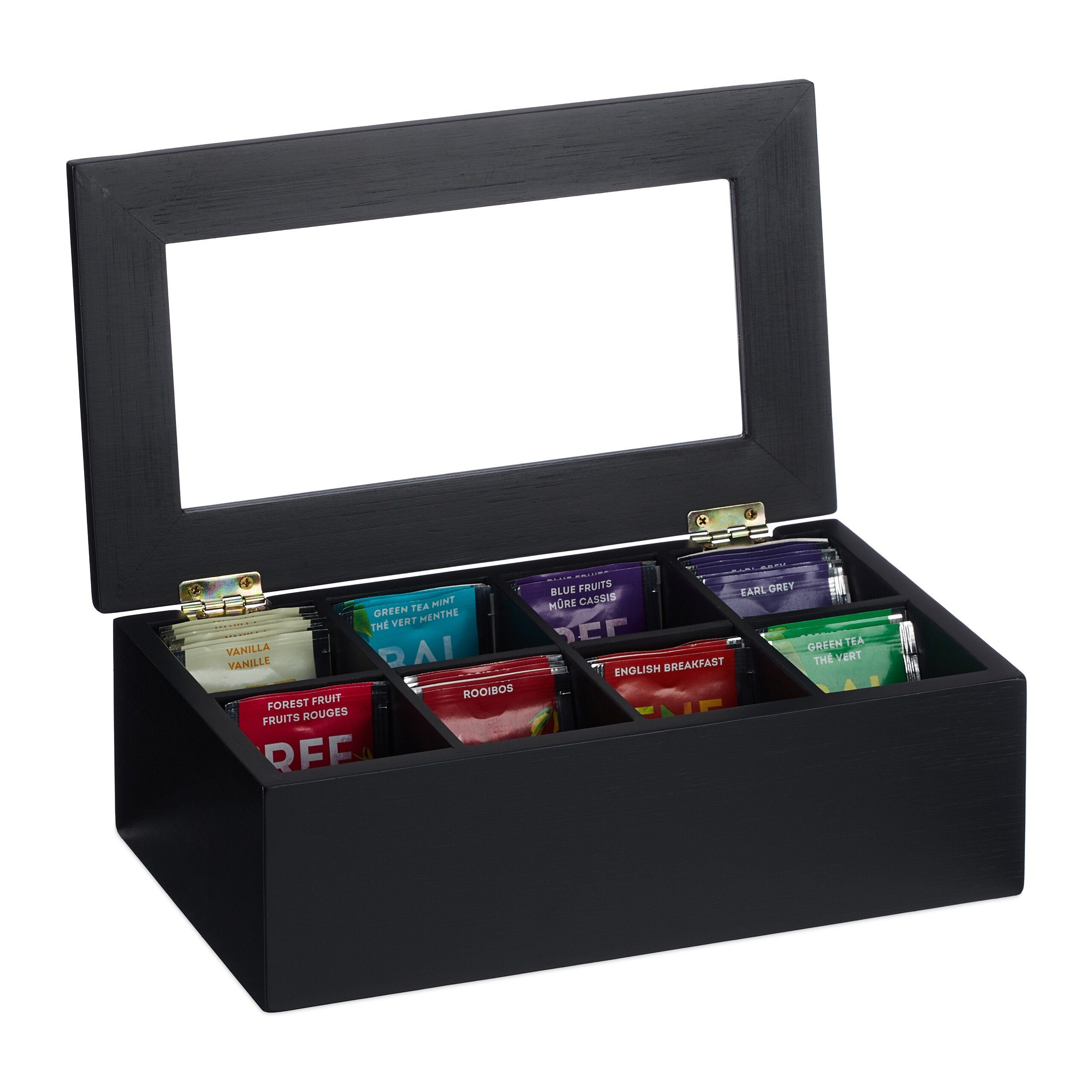 relaxdays Teebox Schwarze Teebox mit 8 Fächern, Bambus