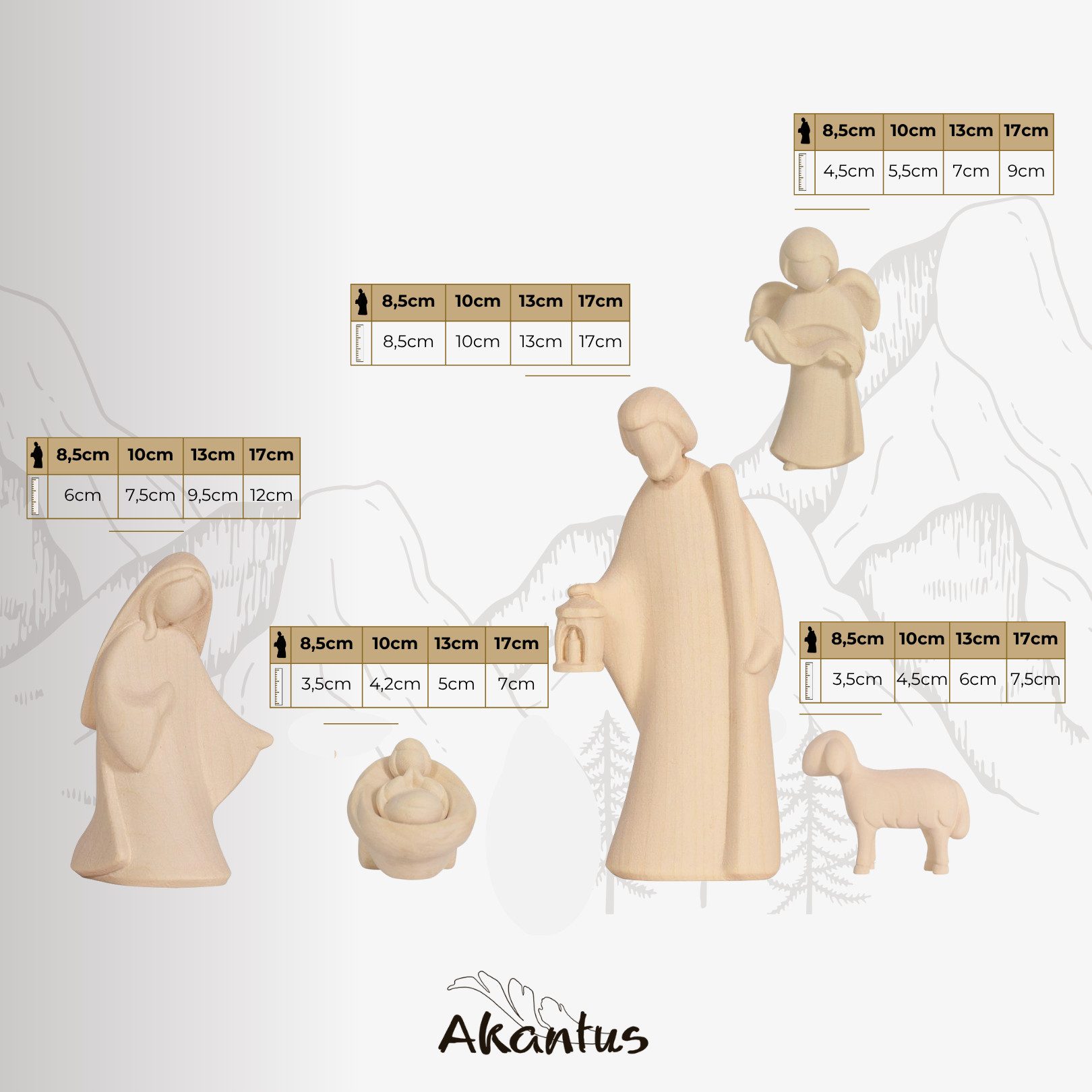 Akantus Krippe aus Holz: 8er Set (natur / bemalt) mit Krippenbogen, Holzgeschnitzt, handbemalt