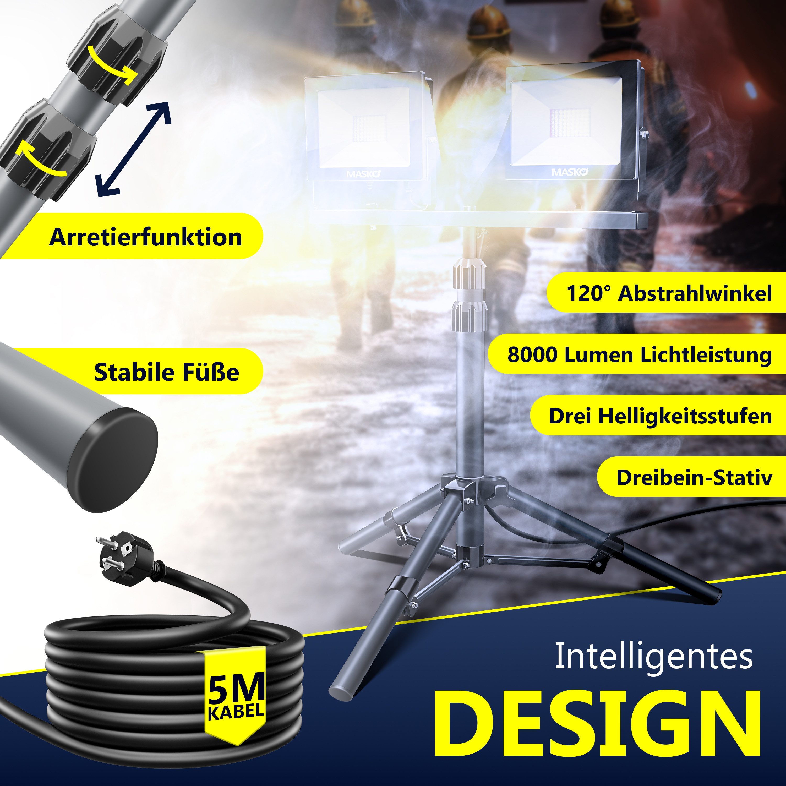 MASKO LED Baustrahler LED Fluter mit Stativ höhenverstellbar bis 202cm, 8000 Lumen Strahler, LED fest verbaut, Kaltweiß, 2x50W LED Arbeitsleuchte für drinnen & draußen, IP65, 5m Kabel