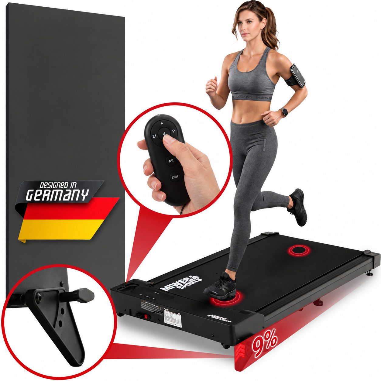 Miweba Sports Laufband Walking Pad WP80, 3 Jahre Garantie, Steigung bis 9 %, LED-Display (Einzelgerät), Laufbandzentrierung; Ruhemodus; manuell Steigung; Fernbedienung