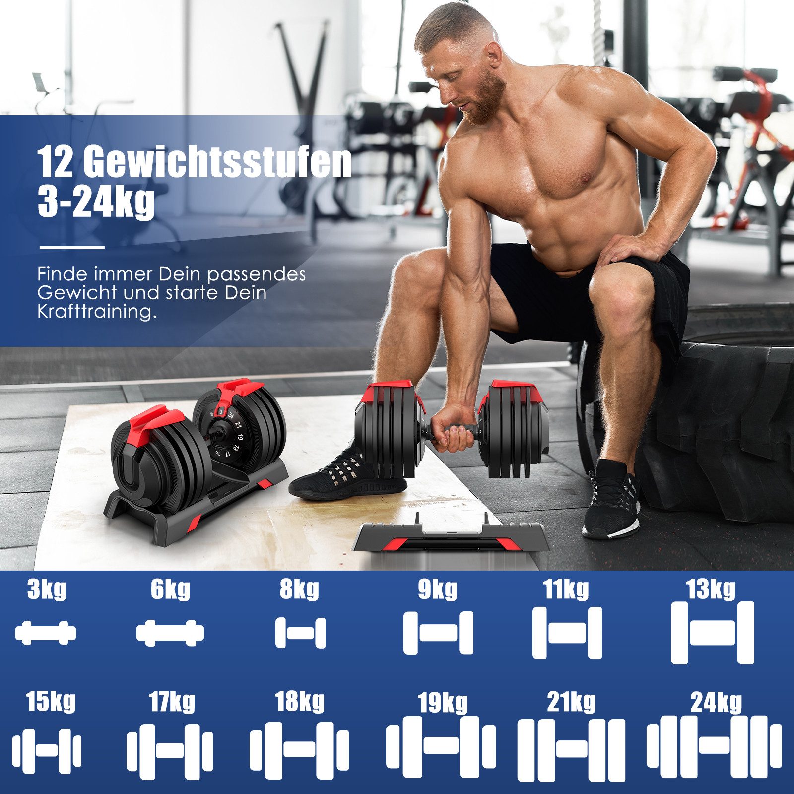 DH FitLife Hantel verstellbare Hanteln, (3 bis 24 KG mit 12 Gewichtsstufen), Hanteln Kurzhanteln verstellbar, variable Gewichte 12 in 1