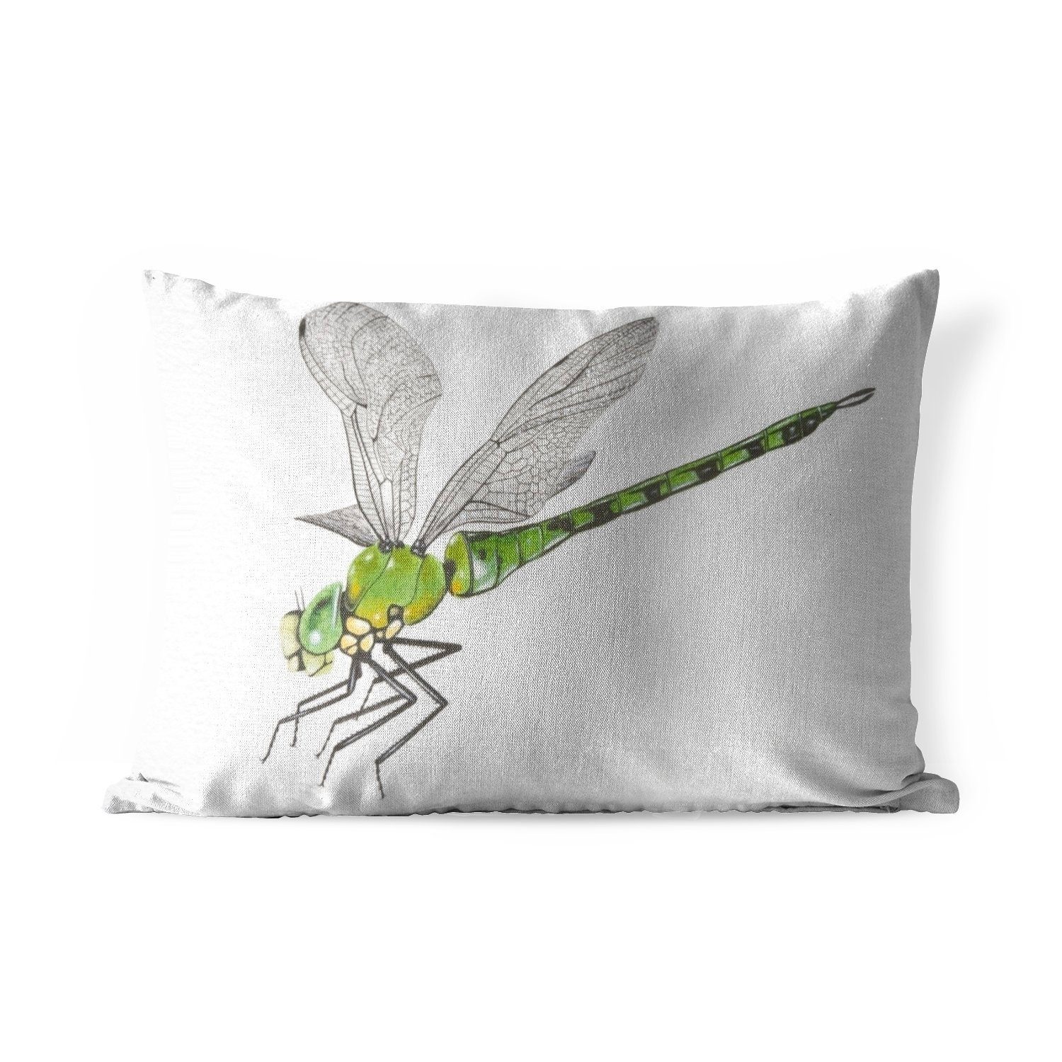 einer Polyester, auf weißen Dekokissen Illustration Dekokissenbezug, Outdoor-Dekorationskissen, Kissenhülle Eine Libelle grünen Hintergrund, einem MuchoWow