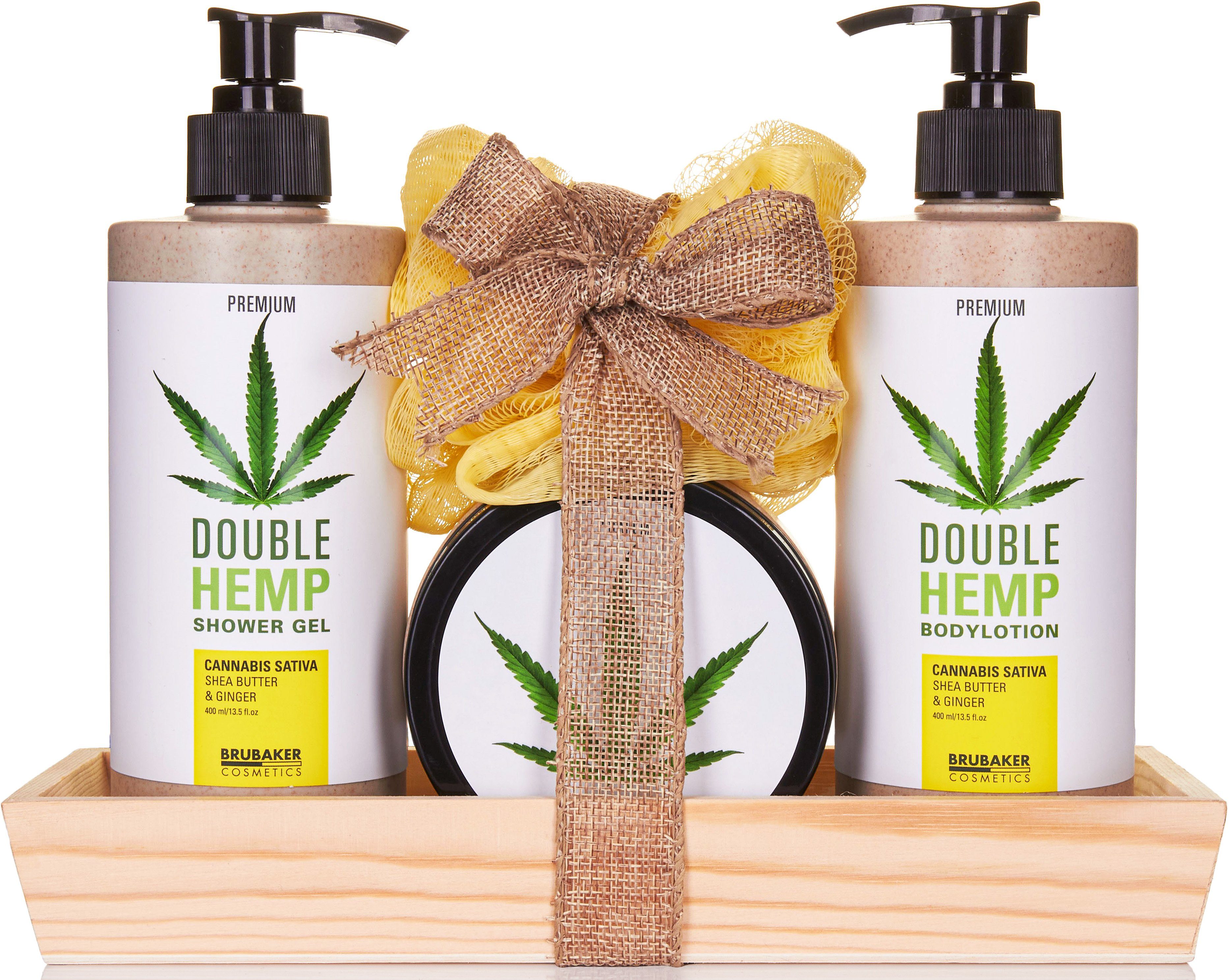 BRUBAKER Pflege-Geschenkset Beauty Geschenkset mit Shea Butter & Ingwer Duft, 5-tlg., Damen Hanf Badeset mit Deko-Tablett aus Holz, Pflegeset für Frauen