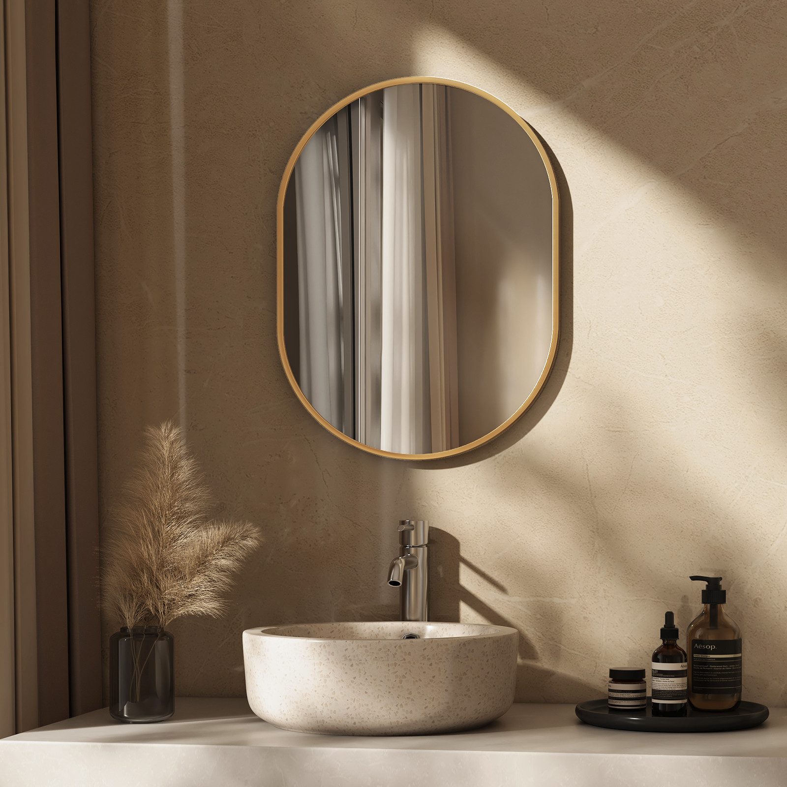 EMKE Badspiegel Ovaler Badezimmerspiegel Goldener Rahmen Wandspiegel, Vertikal Horizontal Montage,Badezimmer Garderobe Flur