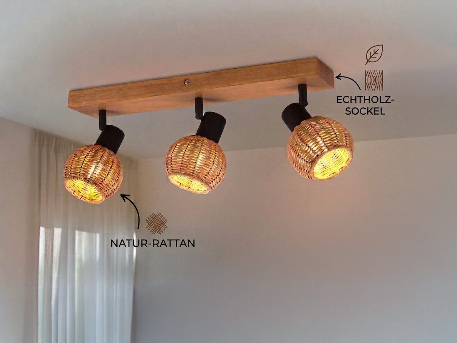 meineWunschleuchte Deckenstrahler Rattan-Lampe mit Holz, Breite 50cm, ohne Leuchtmittel, Innen Deckenleuchte, Korblampe skandinavisch mit 3 Strahler, Holzlampe – Bild 3 von 5