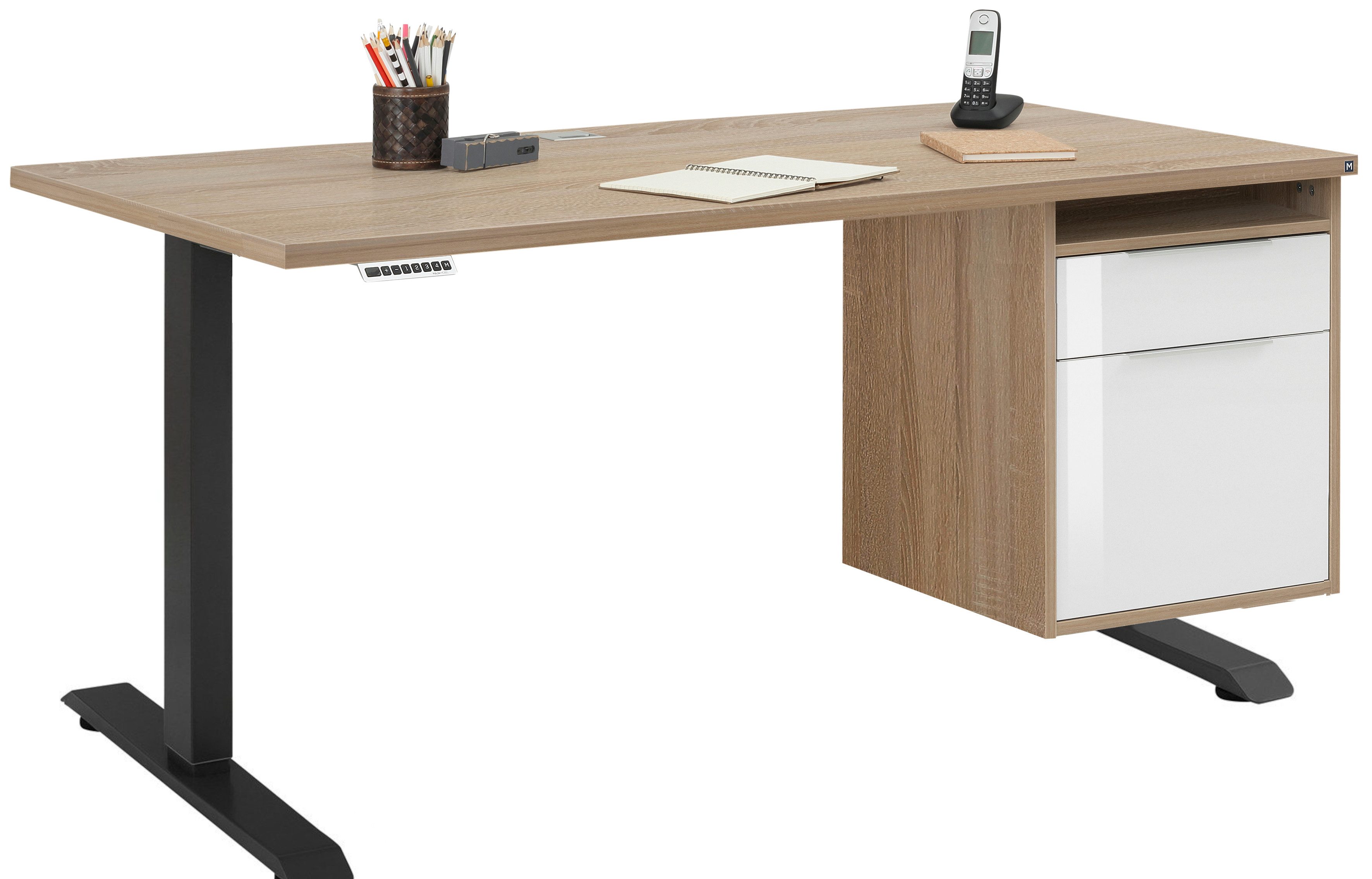 Maja Möbel Schreibtisch Schreibtisch mit Hängecontainer Anthrazit, Eiche Sonoma und Weiß (Spar-Set, 1-St., 1 Tisch mit Hängecontainer), mitfahrender Hängecontainer, elektrisch höhenverstellbar