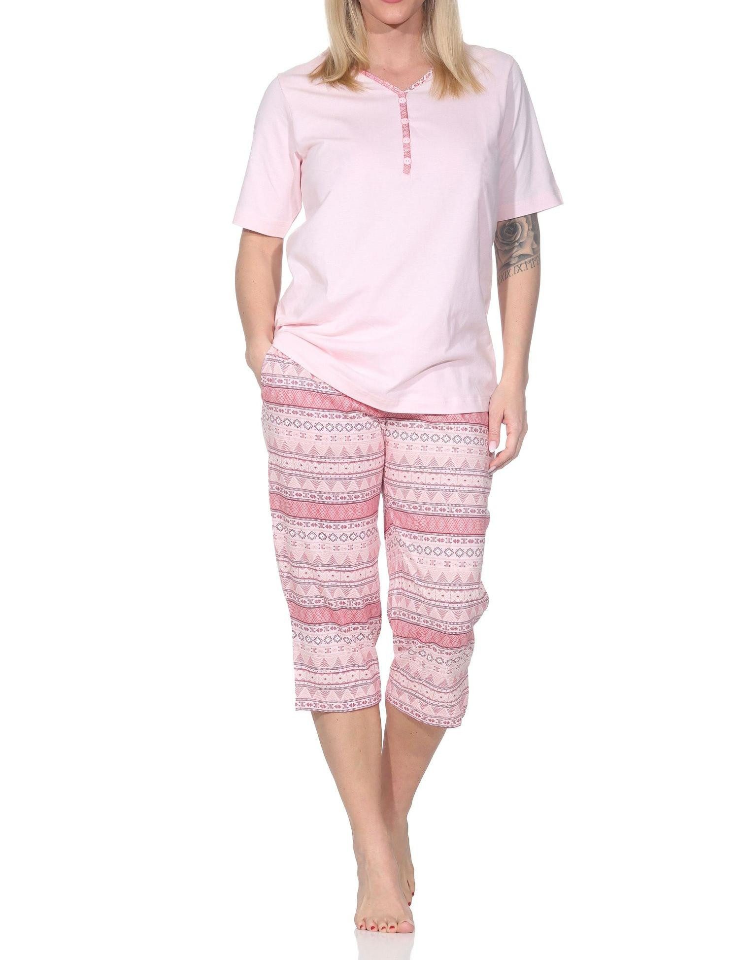 Normann Pyjama Damen kurzarm Capri Schlafanzug im Ethnolook - auch in Übergrössen