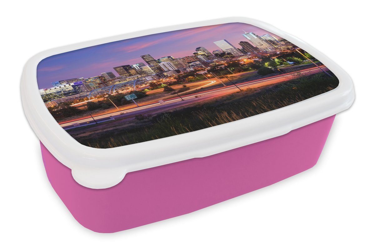 MuchoWow Lunchbox Abend - Verkehr - Stadt, Kunststoff, (2-tlg), Brotbox für Erwachsene, Brotdose Kinder, Snackbox, Mädchen, Kunststoff rosa