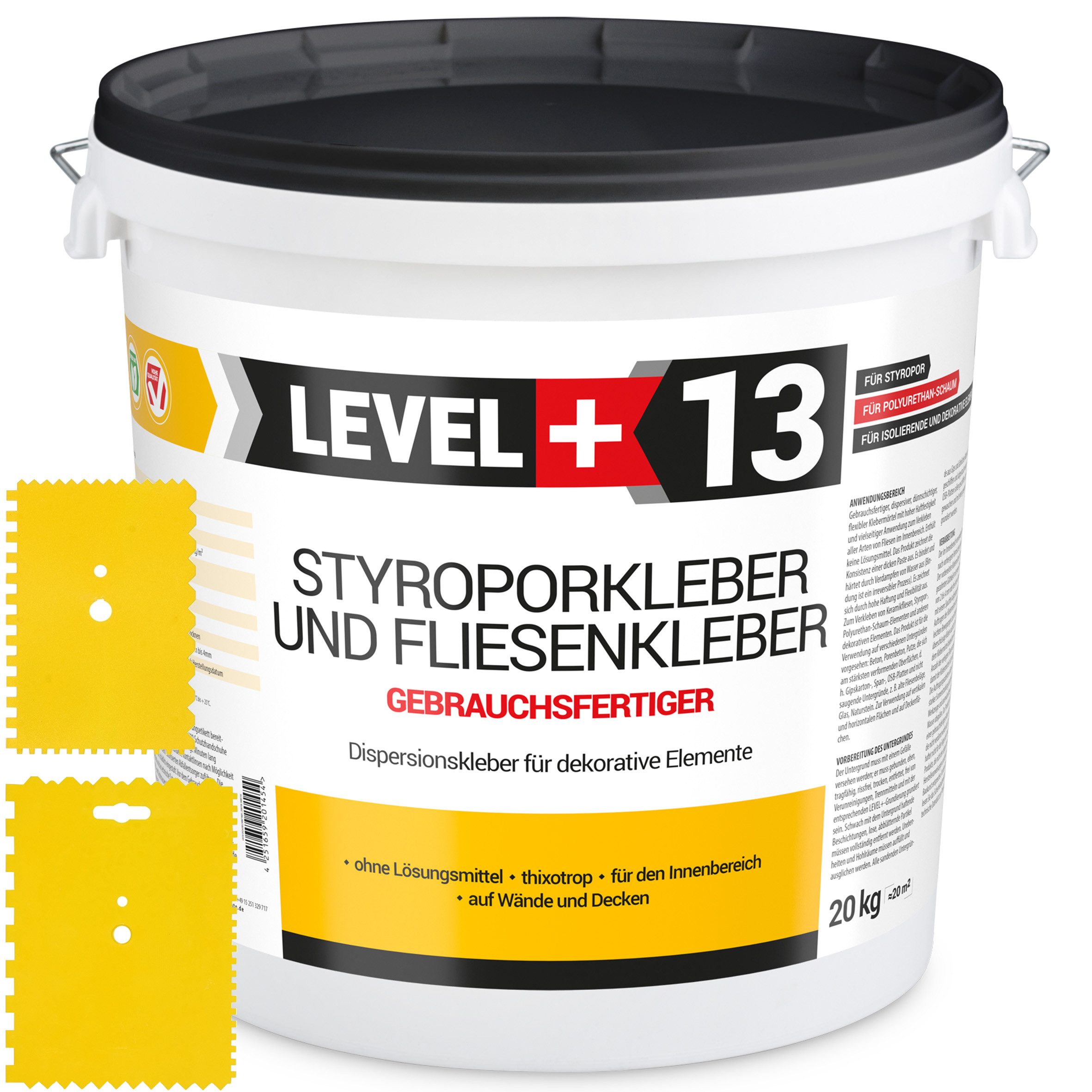 Level+ Dispersionskleber Styroporkleber Dispersionkleber Dekor L+13 - 20KG + 2St. Zahnspachtel