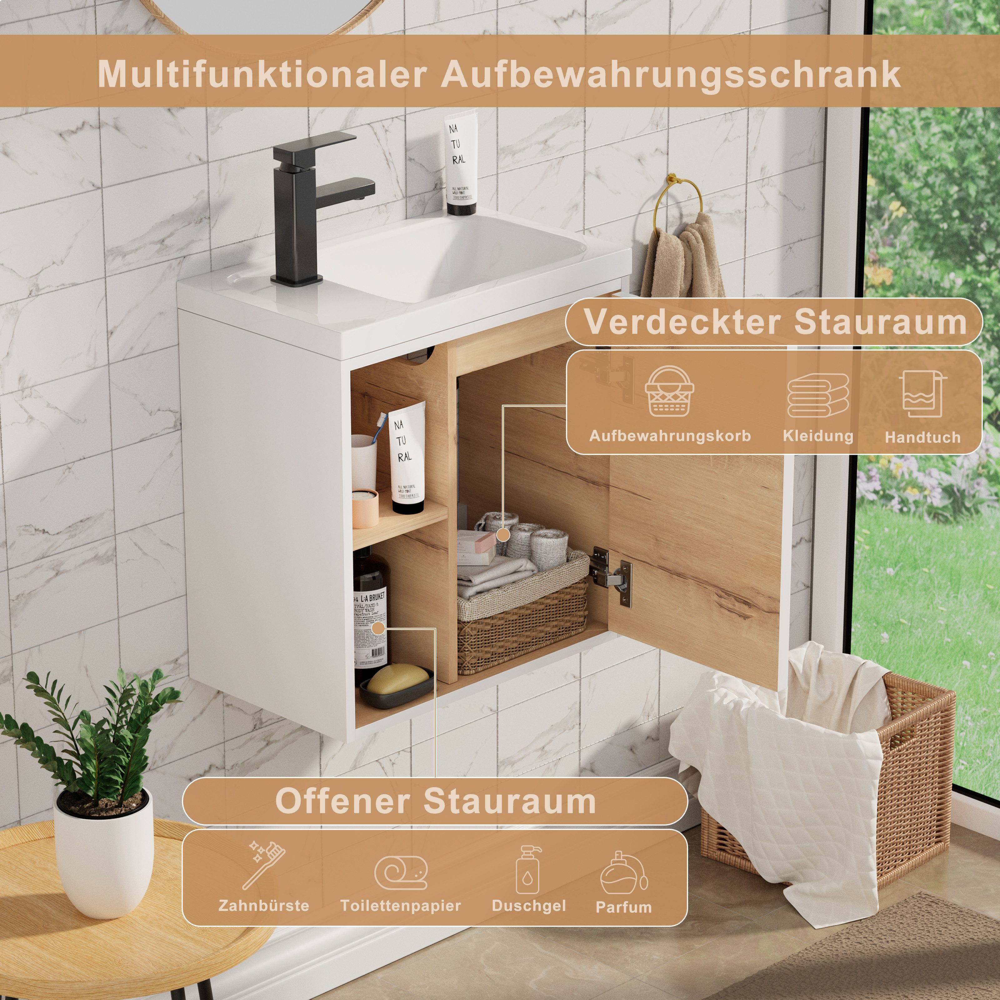 UEV Waschtisch klein Waschbecken mit Unterschrank set Badmöbel Gäste-WC (Breit 50cm, Komplett-Set, Badezimmmer Schrank für Gäste WC, Unterschrank mit Harzbecken – Bild 5 von 5