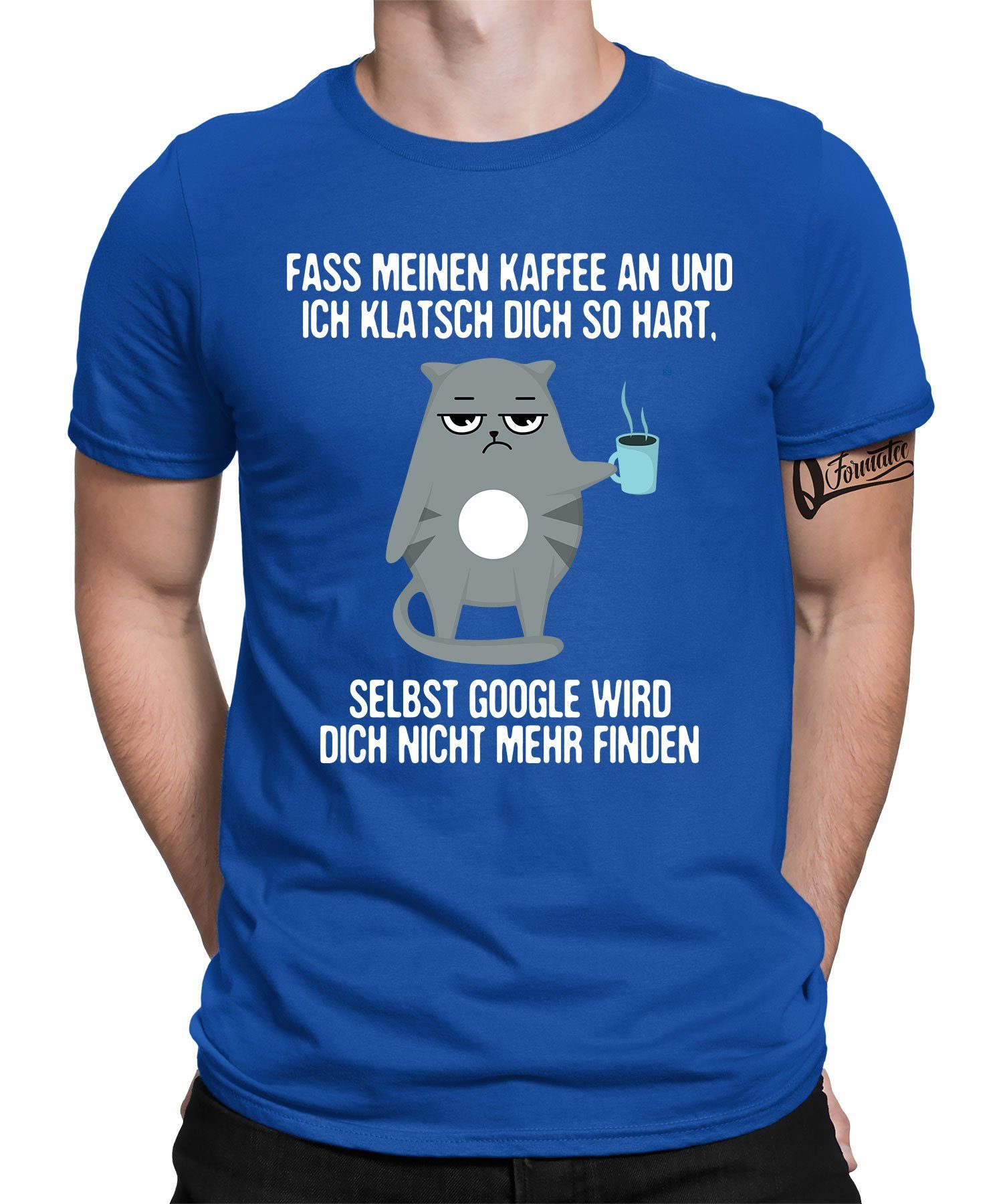 Quattro Formatee Kurzarmshirt Katze Kaffee Google - Lustiger Spruch Statement Herren T-Shirt (1-tlg) Blau