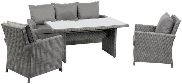 GREEMOTION Loungeset Puri, 14-tlg., 1 Sofa, 2 Sessel, Tisch 150x80 cm, Kunststoff, grau