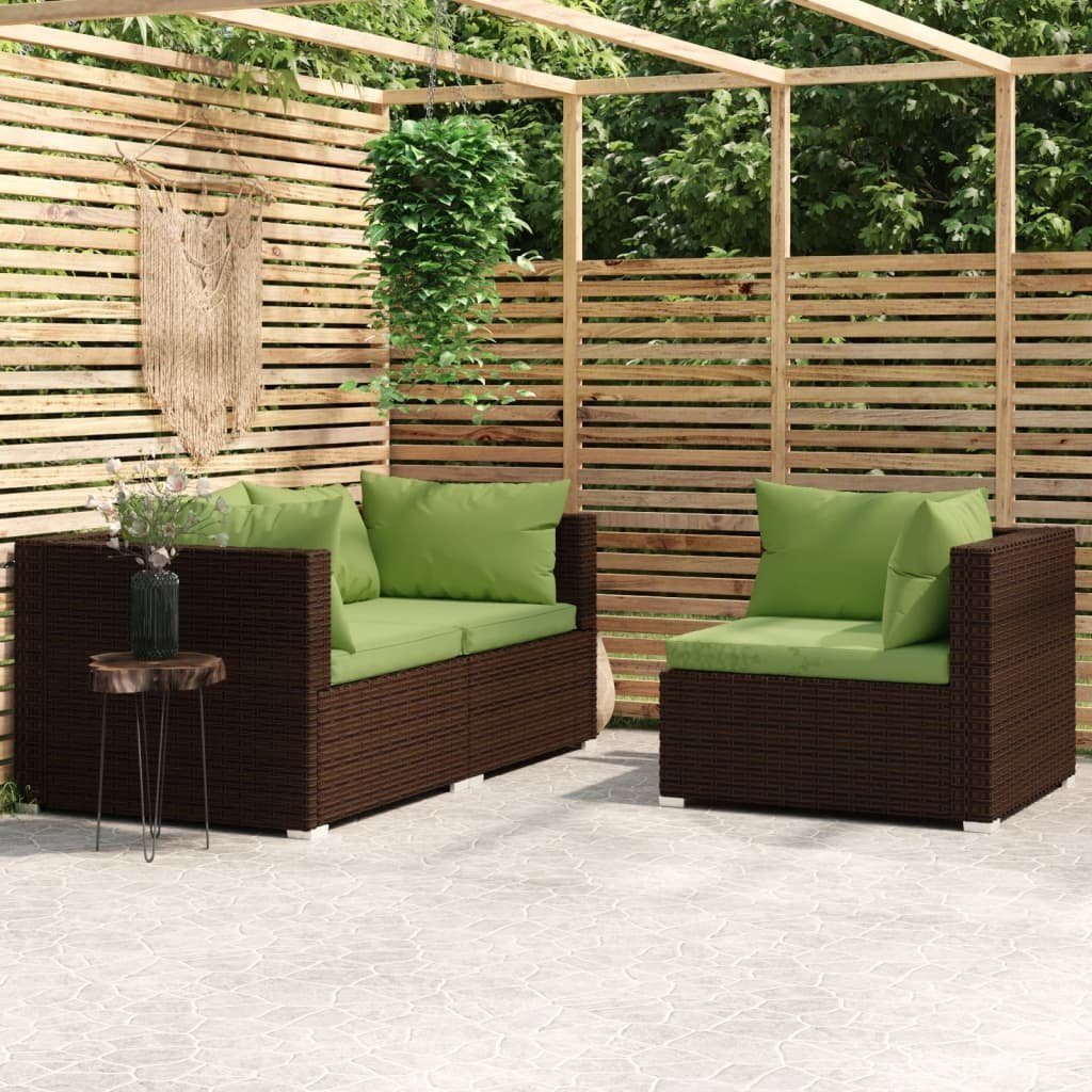 vidaXL Loungesofa 3-tlg. Garten-Lounge-Set mit Kissen Braun Poly Rattan, 1 Teile Braun und Grün
