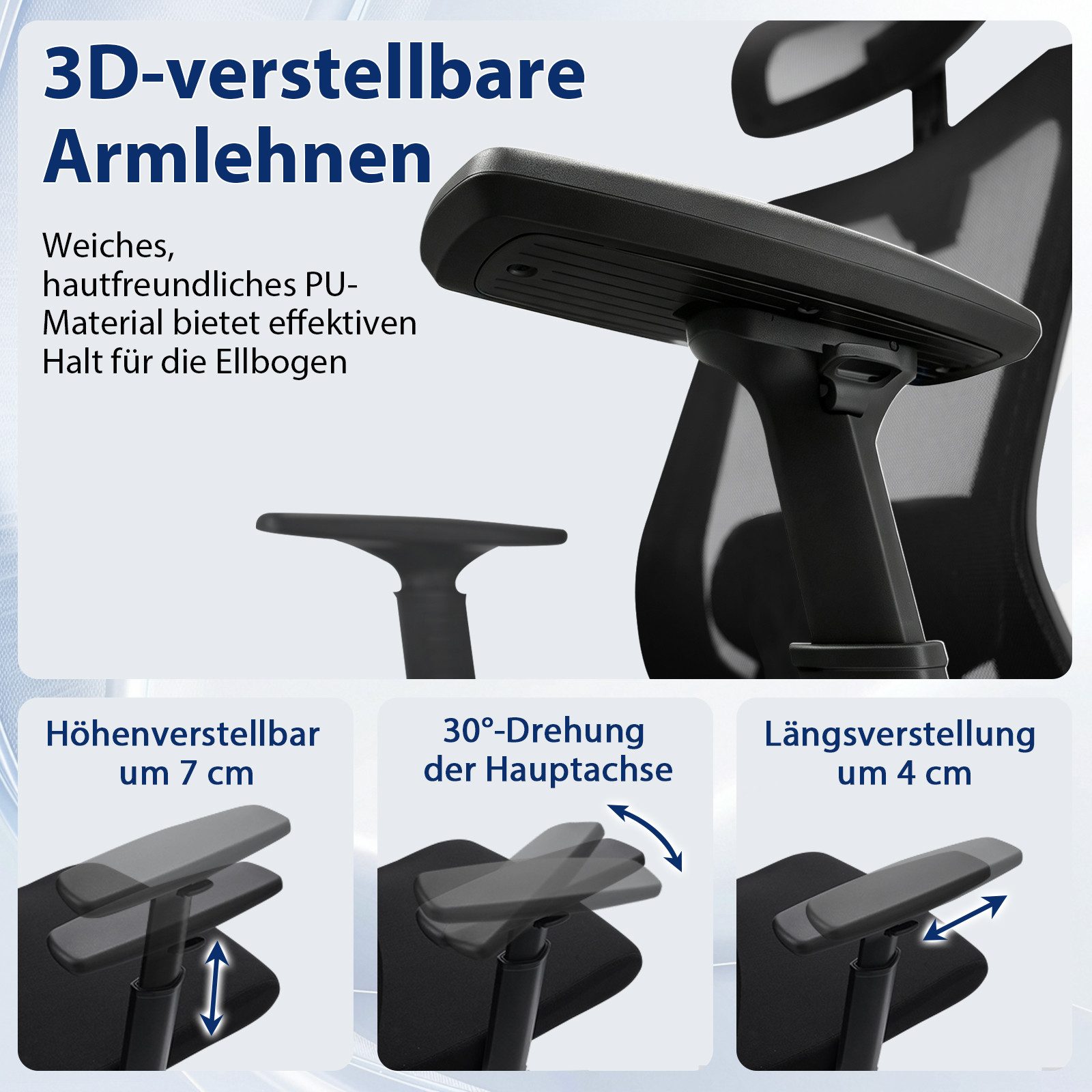 Durrafy Bürostuhl Bürostuhl 200kg Ergonomischer Bürostuhl-Verstellbare Lordosenstütze (4D-verstellbare Lendenstütze, Verstellbarer Kopfstütze & Armlehnen), 3-st – Bild 4 von 5