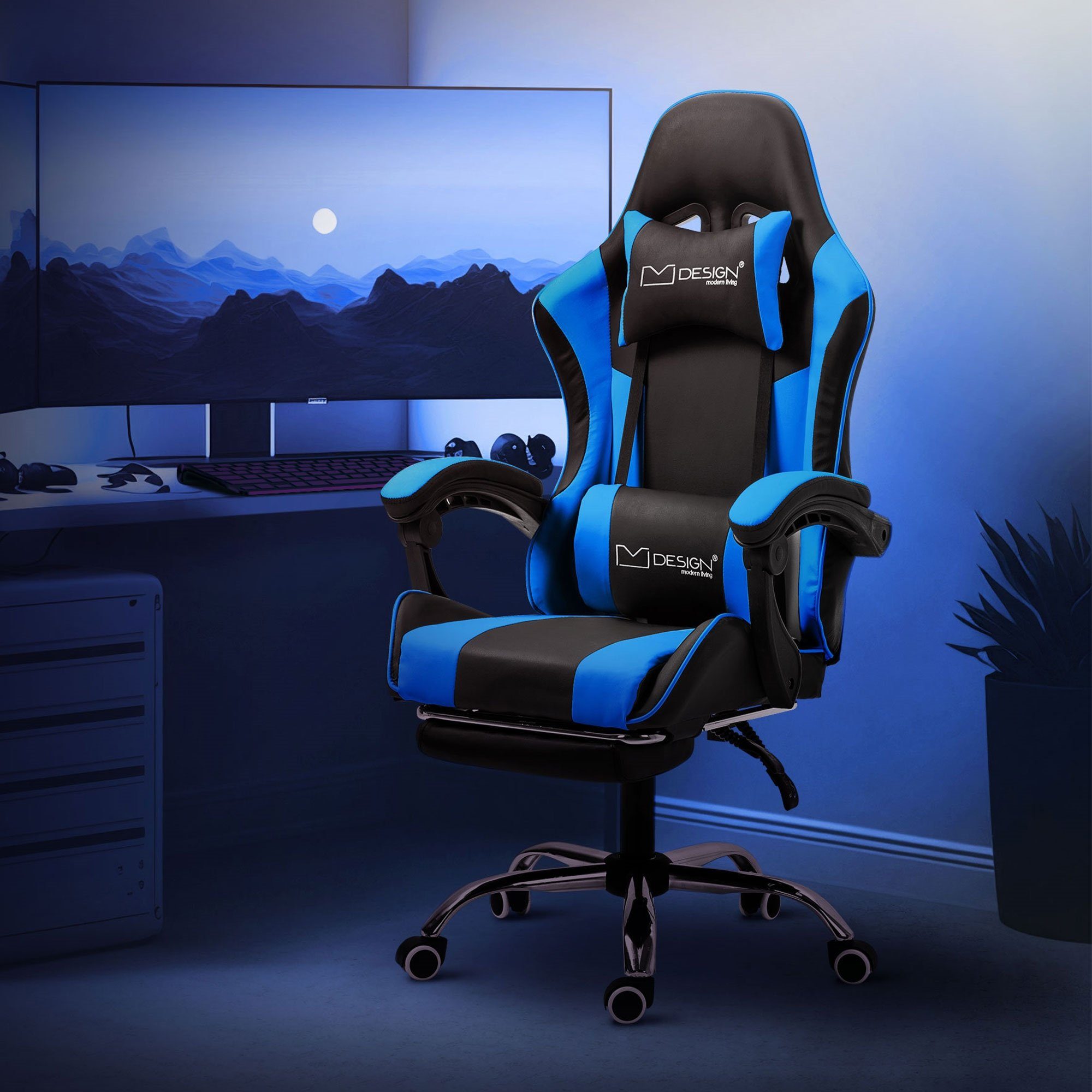 Gamingstuhl Bürostuhl, Stuhl Gamer verstellbar, ML-DESIGN Fußstütze PU-Leder, aus Blau Gaming-Stuhl Kopfstütze, Lendenkissen, mit Racing Massage Armlehne,