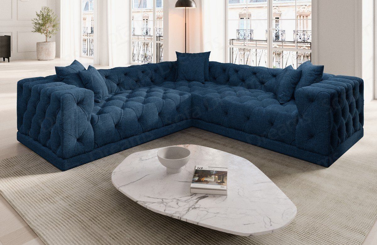 Sofa Dreams Ecksofa Polster Strukturstoff Stoff Sofa Palma L Form Stoffsofa, Loungesofa, Chesterfield Stil blau77