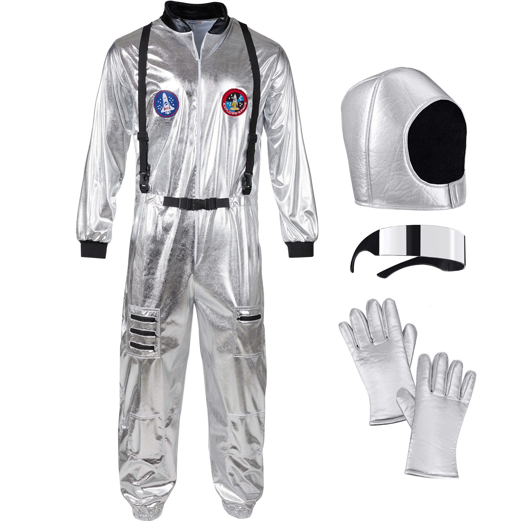 dressforfun Kostüm Unisexkostüm, Ideal für Fasching, Karneval und Mottofeiern., Silberner Overall mit Helm, Handschuhen und Astronautenbrille.
