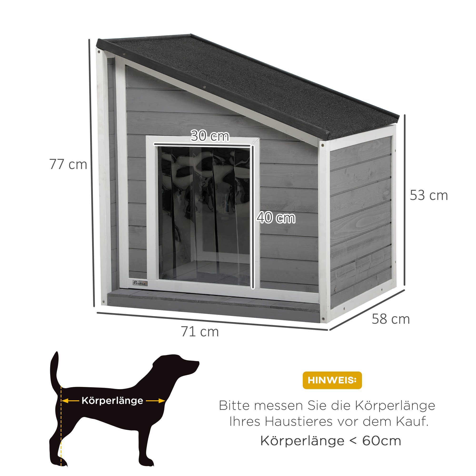 PawHut Hundehütte Outdoor Hundehaus mit Asphaltdach, Türvorhang, wetterbeständig, Schwarz+Grau+Weiß 71 x 58 x 53-77 cm