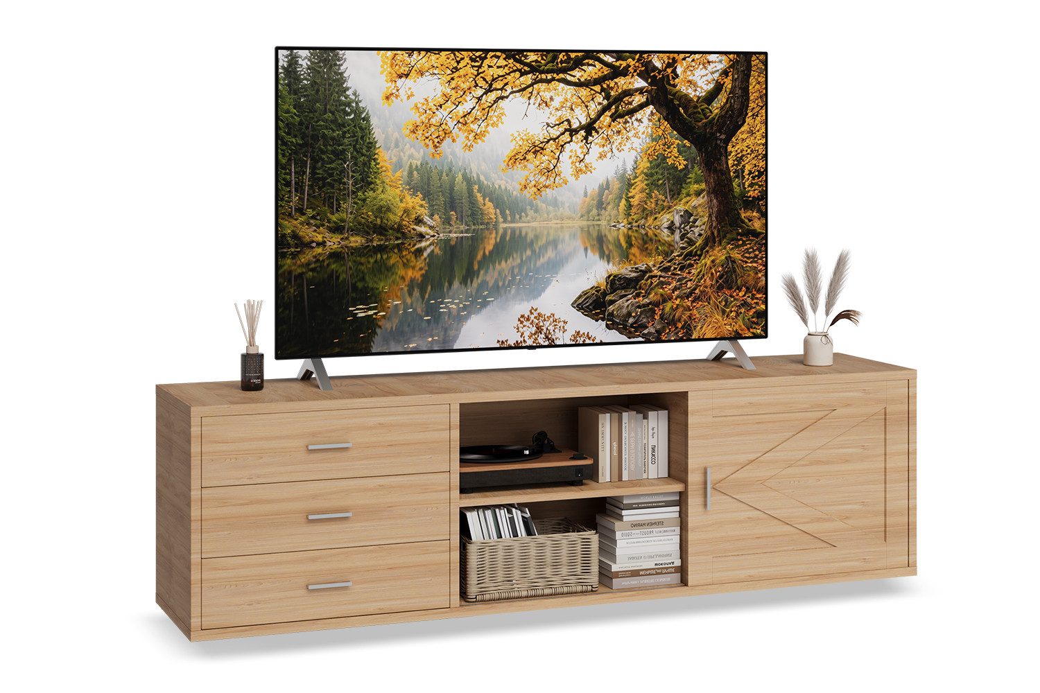 HOMAVO Lowboard TVG1 mit 3 Schubladen & Schiebetür, 160 - 180 cm (FSC®, viel Stauraum, pflegeleicht), Bodenstehendes TV-Lowboard mit Stauraum