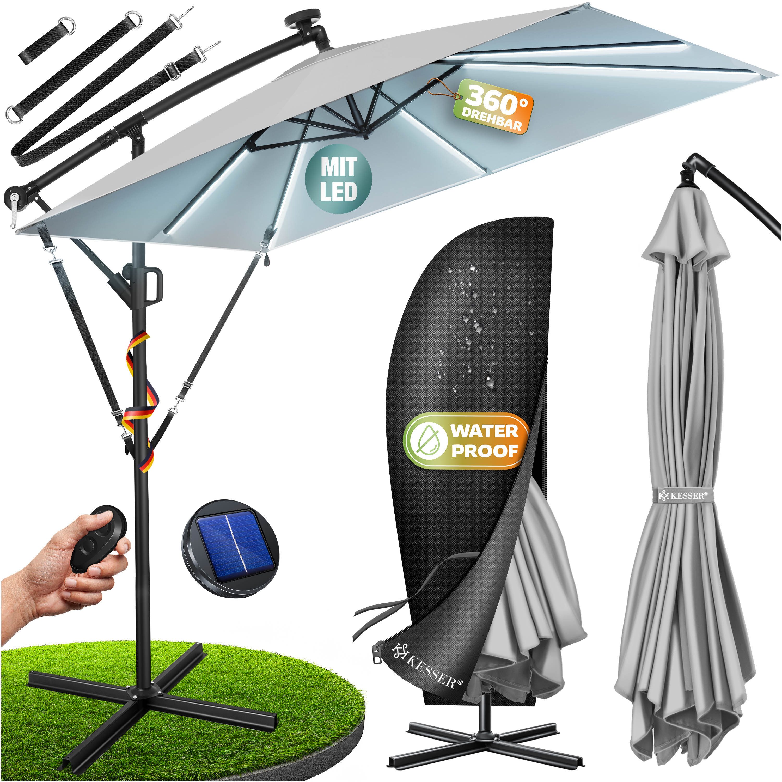 KESSER Ampelschirm, Ø350cm Sonnenschirm inkl. Abdeckung & Wind- & wetterfest