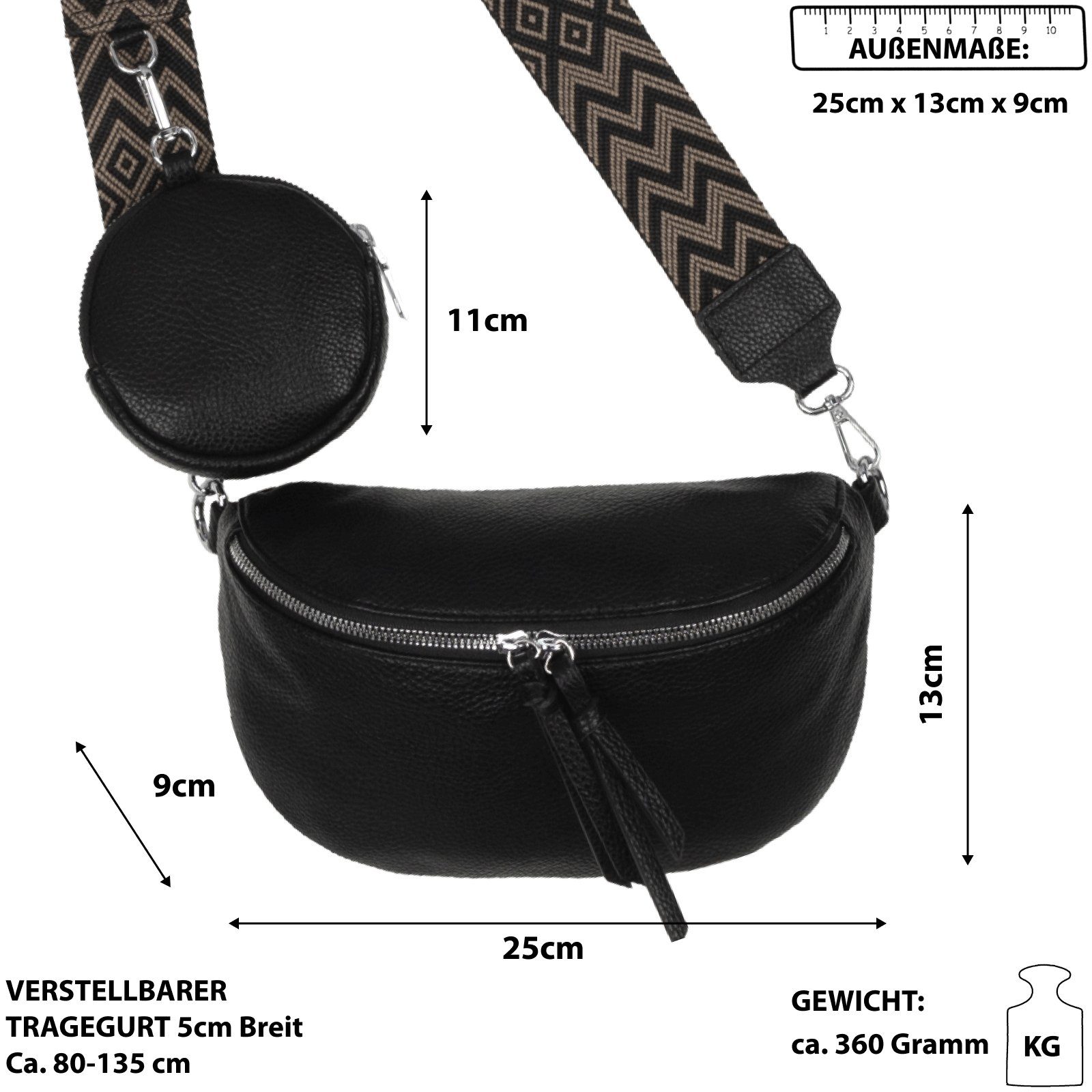 EAAKIE Gürteltasche Bauchtasche Umhängetasche Crossbody-Bag Schultertasche, CrossOver, als Italy-D, Umhängetasche Kunstleder BLACK tragbar Hüfttasche