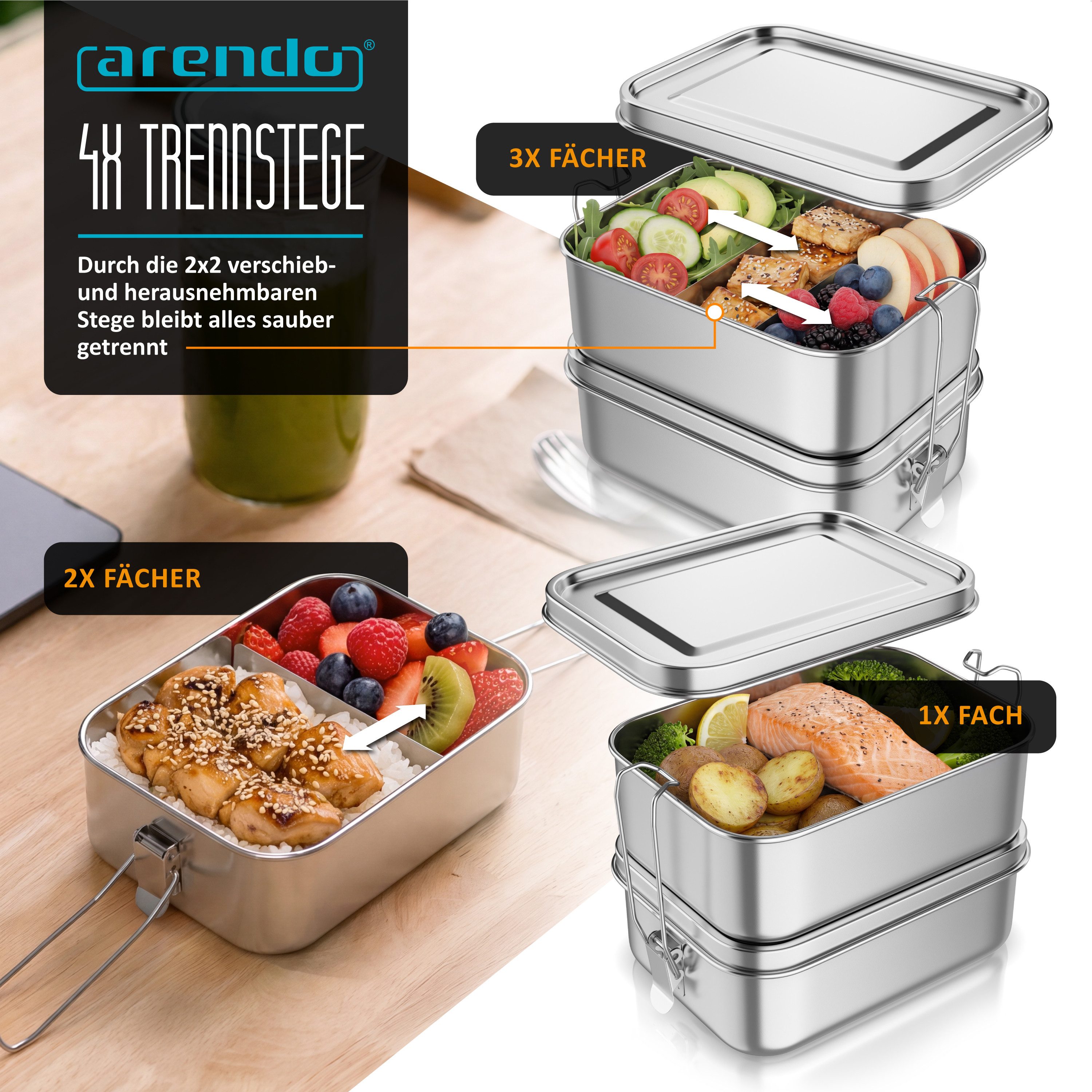 Arendo Lunchbox Meal Prep Box Edelstahl 1700 ml, 2 Ebenen, 4 Trenneinsätze, Brotdose, Edelstahl, (1-tlg., 2 Trennstege, 2 Silikondichtungen), 2x 850 ml, Silikon-Dichtung, spülmaschinenfest, lebensmittelecht