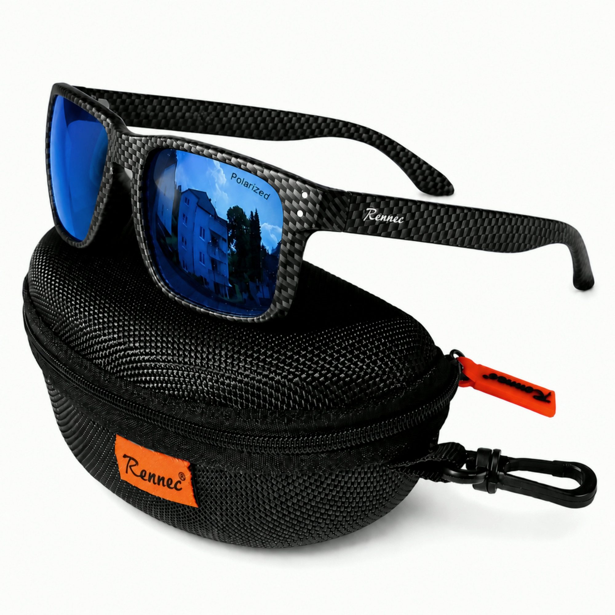 Rennec Sonnenbrille Herren Polarisiert Rechteckig Carbon Optik mit Hardcase Gläser UV400 Getönt oder Verspiegelt, Edelstahl Bügelgelenke 3in2