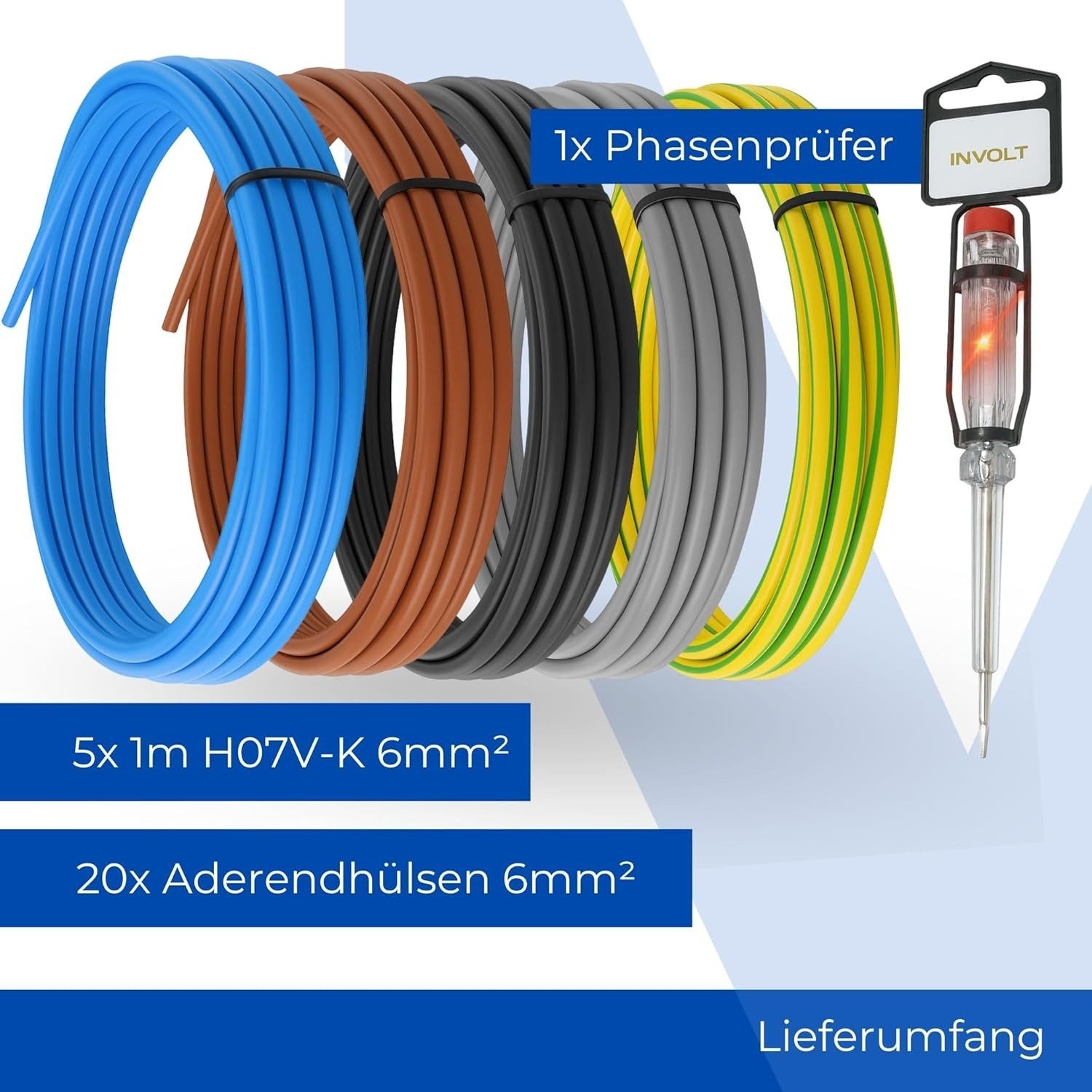 INVOLT H07V-K 6 mm² Verdrahtungsleitung 5x 1m Set, Hülsen + Spannungsprüfer Stromkabel – Bild 5 von 5