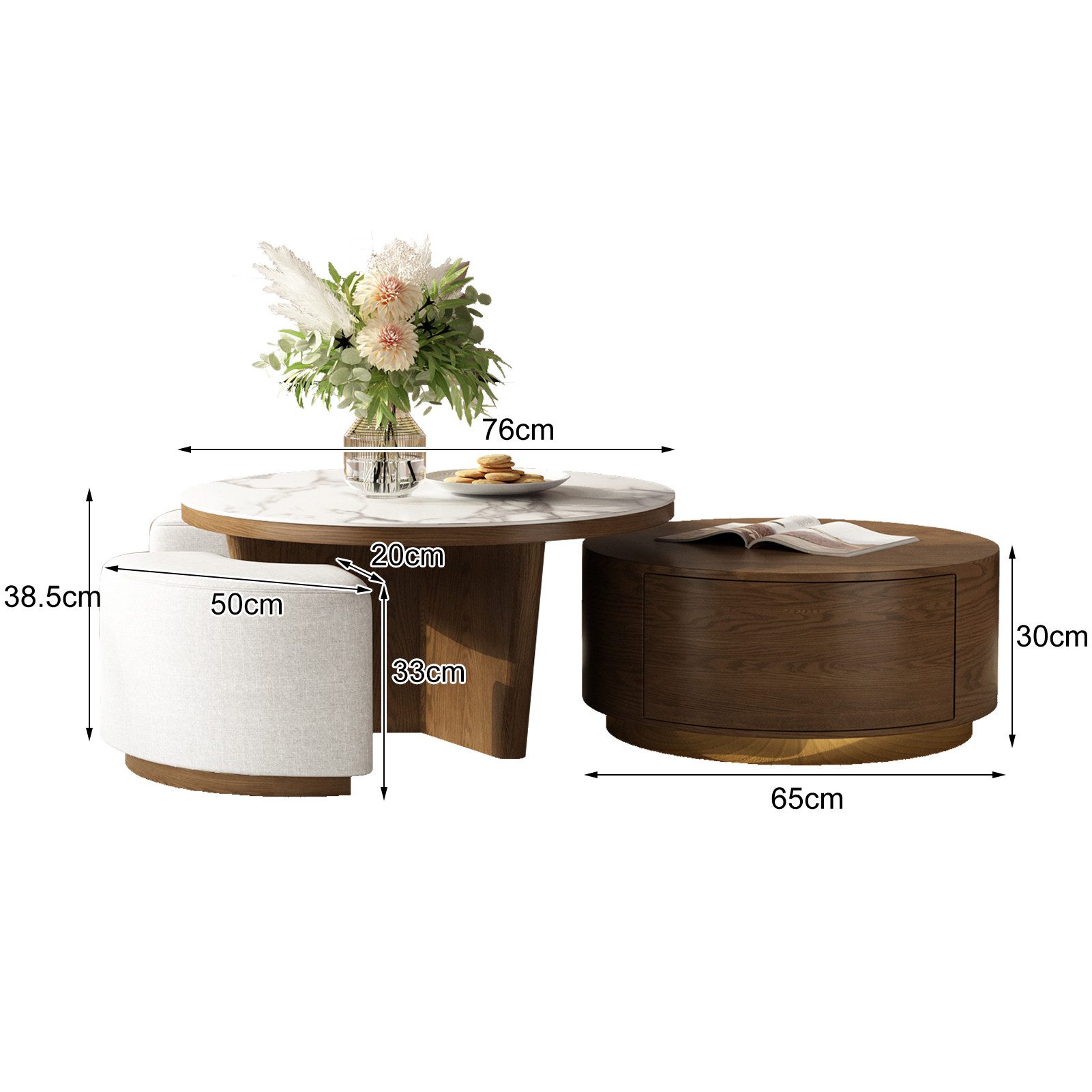 Graceabode Couchtisch mit 2 Beistelltischen aus Walnuss, runder Stein-Marmortisch (1-St), Wohnzimmer tisch mit Schublade und Hockern