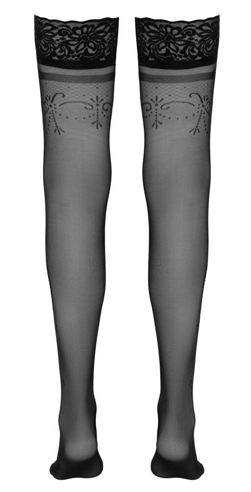 Cottelli LEGWEAR Halterlose Strümpfe Halterlose Strümpfe mit Muster Silikonbund - schwarz (1-Paar) Innen mit rutschfestem Silikonband – Bild 4 von 5