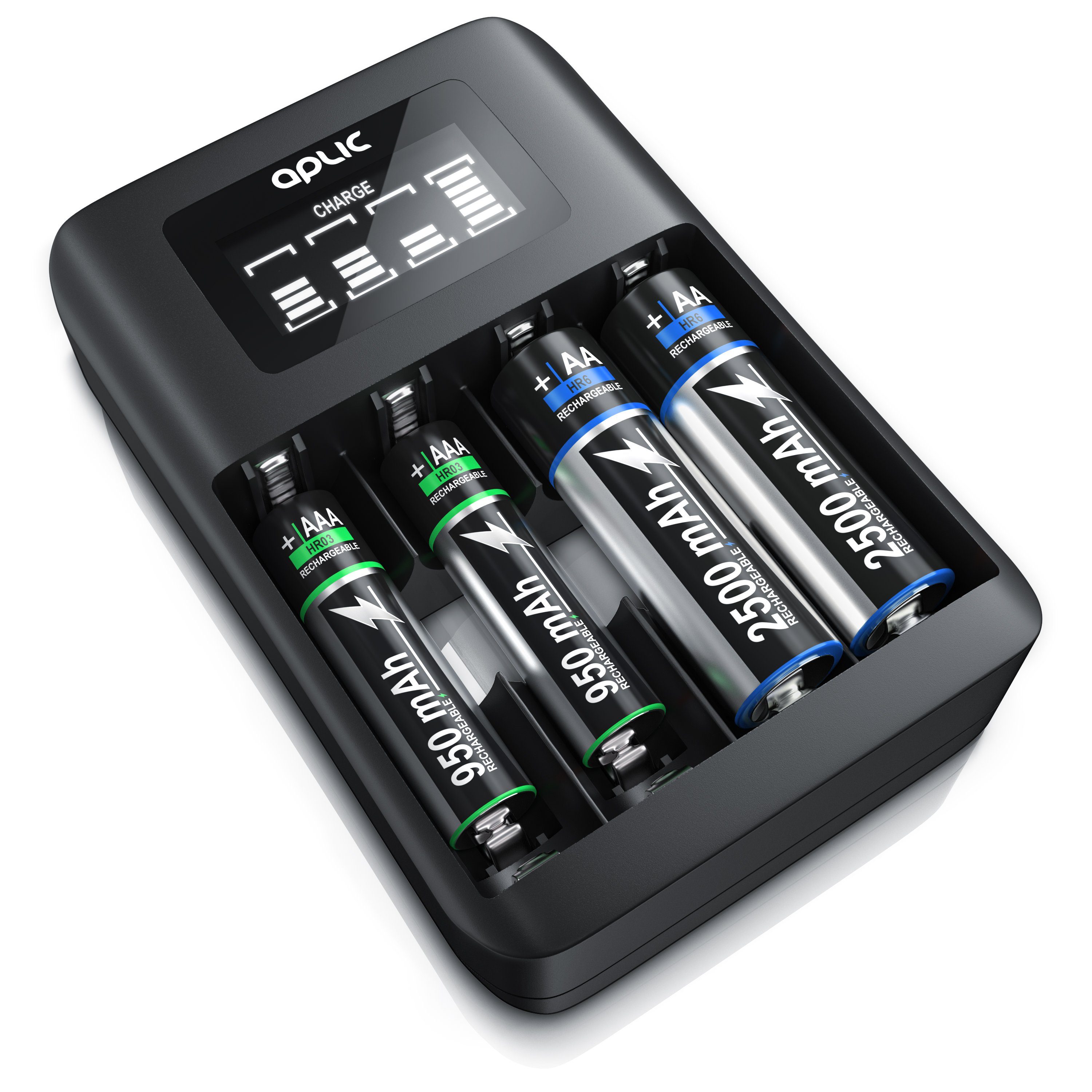 Aplic 4-Schacht USB Ni-MH Akku-Lader, Individuelle Ladeschachtüberwachung Batterie-Ladegerät (1800 mA, 1-tlg., Universal Batterie Ladestation, Typ AA oder AAA, Einfache Handhabung)
