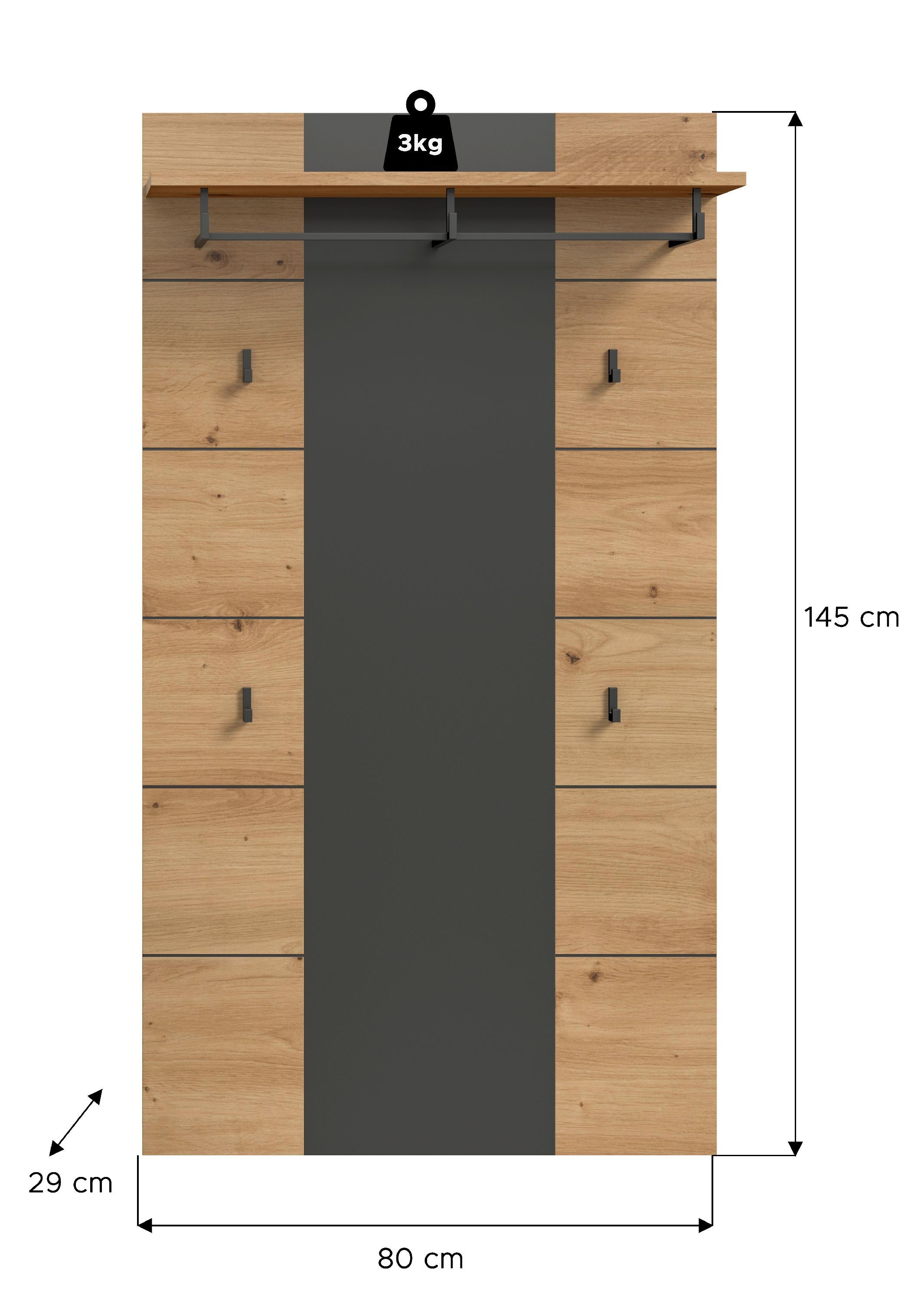 xonox.home Garderobenpaneel, Basalt grau Nachbildung Melamin beschichtet modern 141x80x29 cm