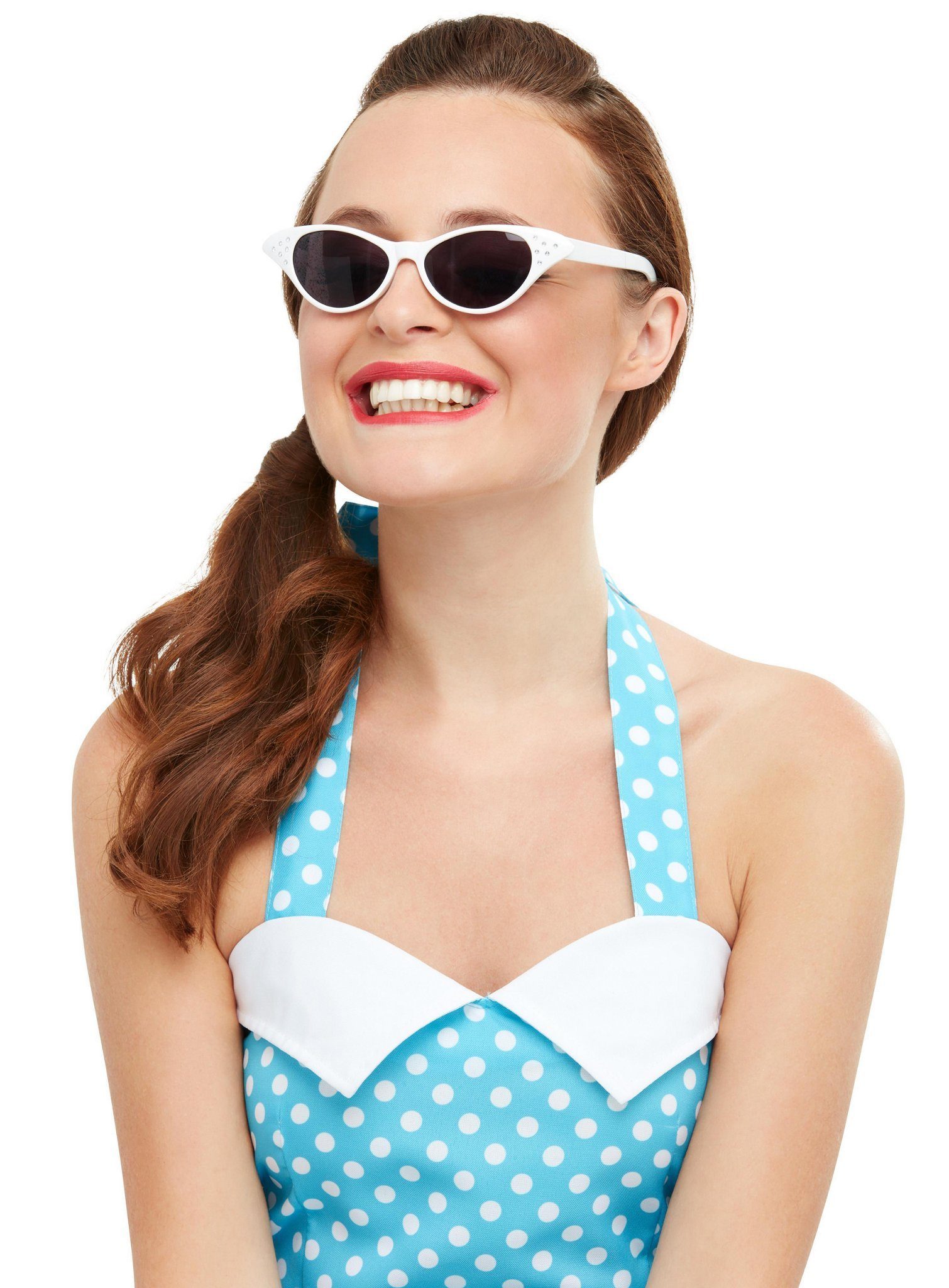 Smiffys Kostüm Rockabilly Cateye Brille weiß, 50er Jahre Sonnenbrille mit Strasssteinchen