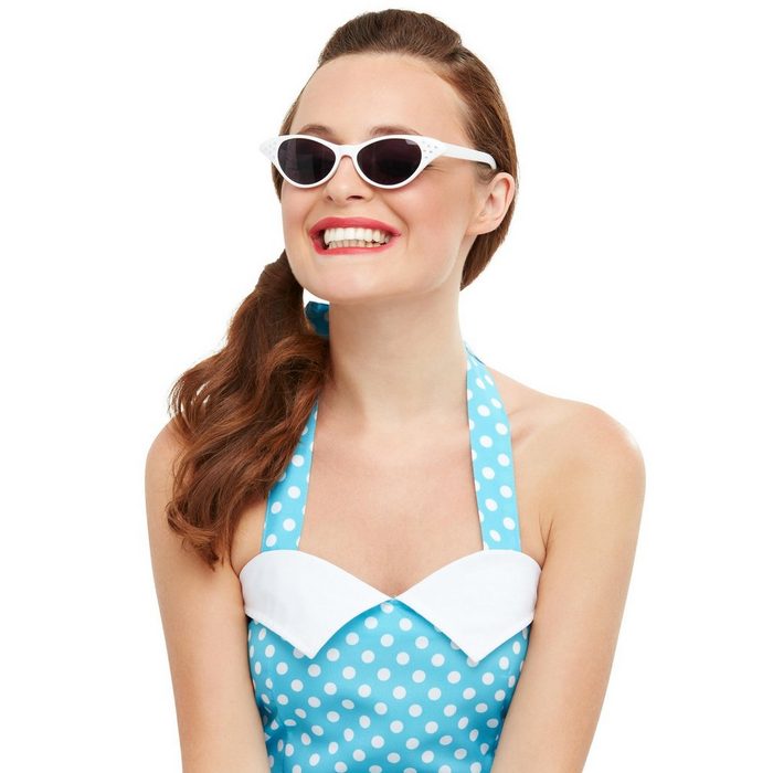 Smiffys Kostüm Rockabilly Cateye Brille weiß 50er Jahre Sonnenbrille mit Strasssteinchen