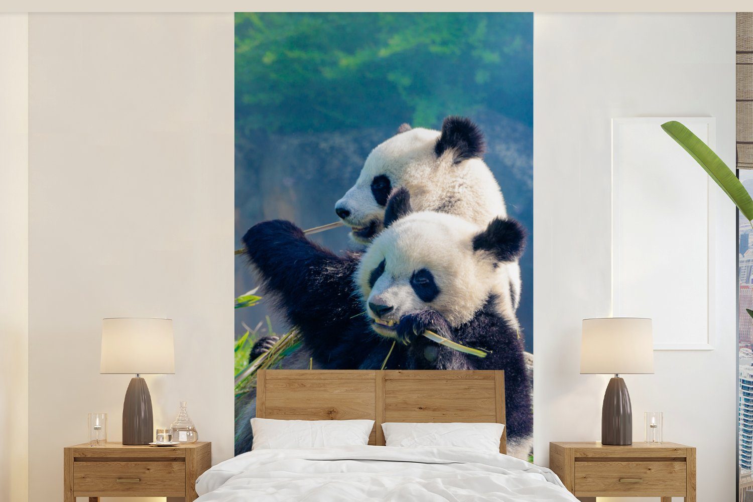MuchoWow Fototapete Panda - Bambus - Gras - Tiere, Matt, bedruckt, (2 St), Vliestapete für Wohnzimmer Schlafzimmer Küche, Fototapete