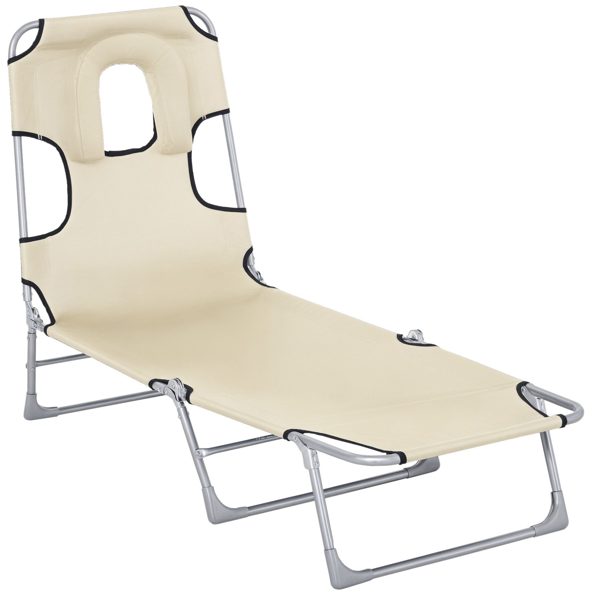 BAYMATE Gartenliege Verstellbare und faltbare Gartenliege mit Leseöffnung, 5-fach verstellbarer Kopf- und Rückenlehne für den Strand, 182 x 56 x 28 cm, Beige