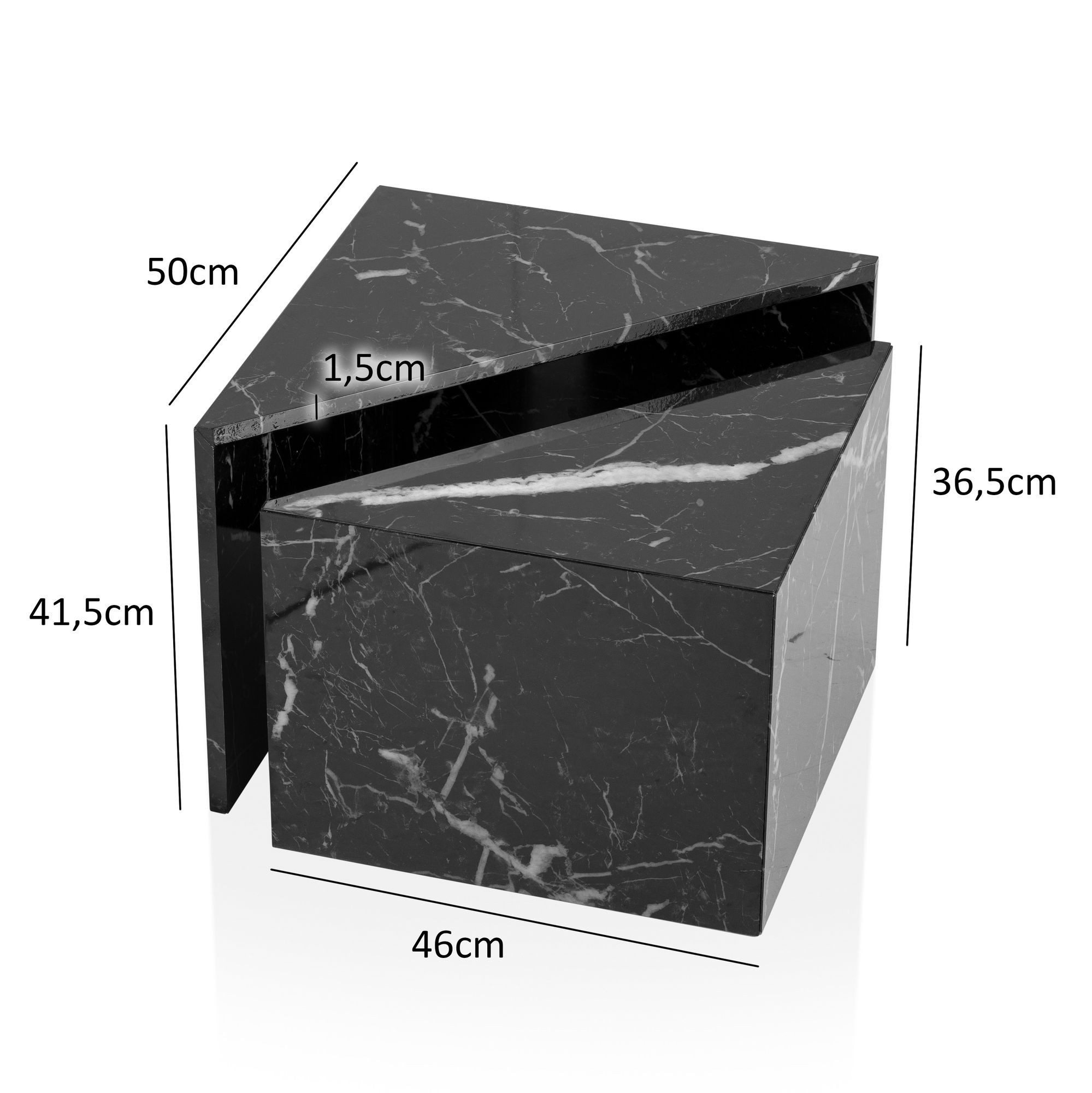 FINEBUY Satztisch Couchtisch Sofatisch MONOBLOC 2er Set Hochglanz Marmor Optik Dreieckig (Couchtisch 2er Set Schwarz Hochglanz Marmor Optik), Wohnzimmertisch Modern, Sofatisch MONOBLOC