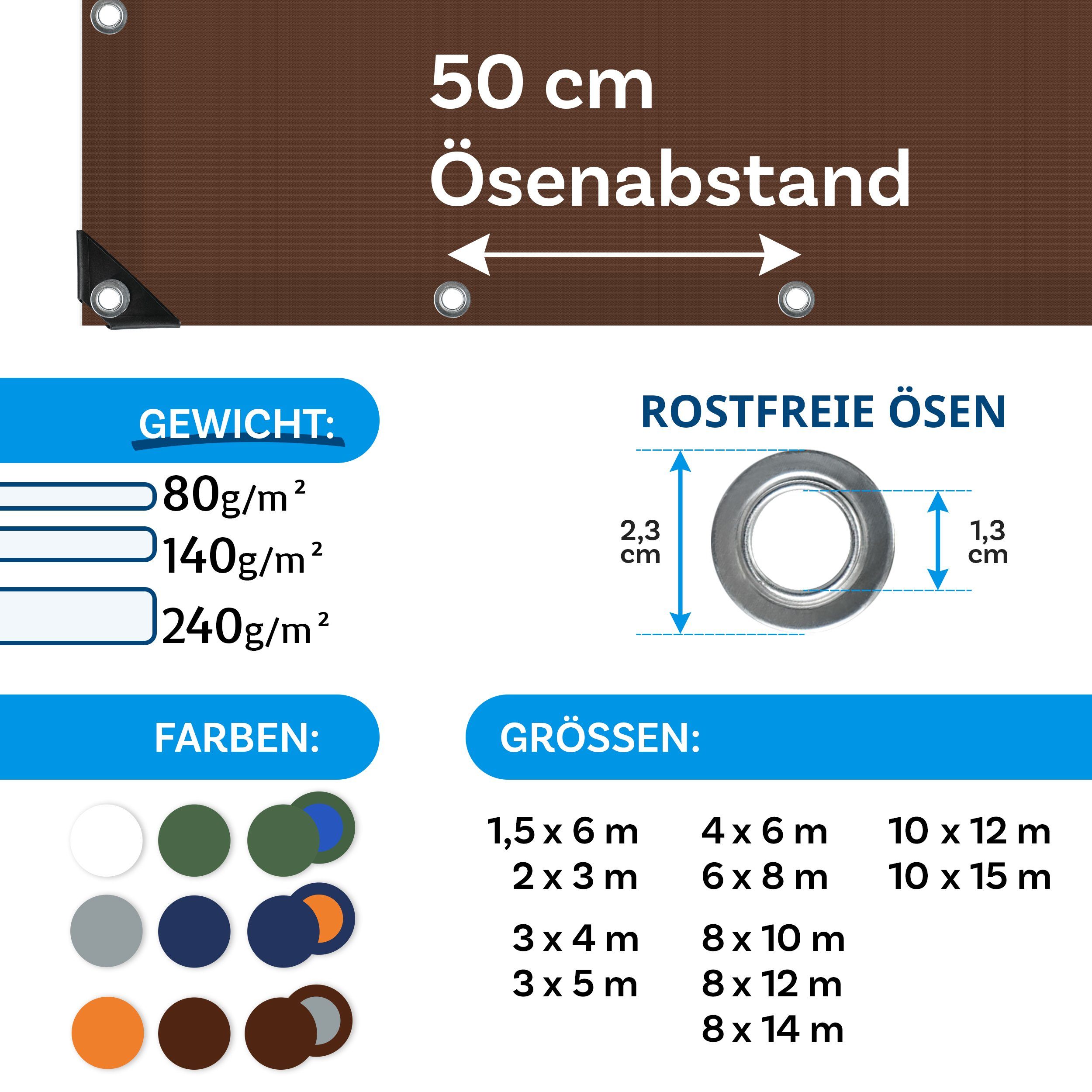 Kubus Schutzplane Abdeckplane 80 g/m², verschiedene Farben, in 12 verschiedenen Größen, Wasserdicht & reißfest