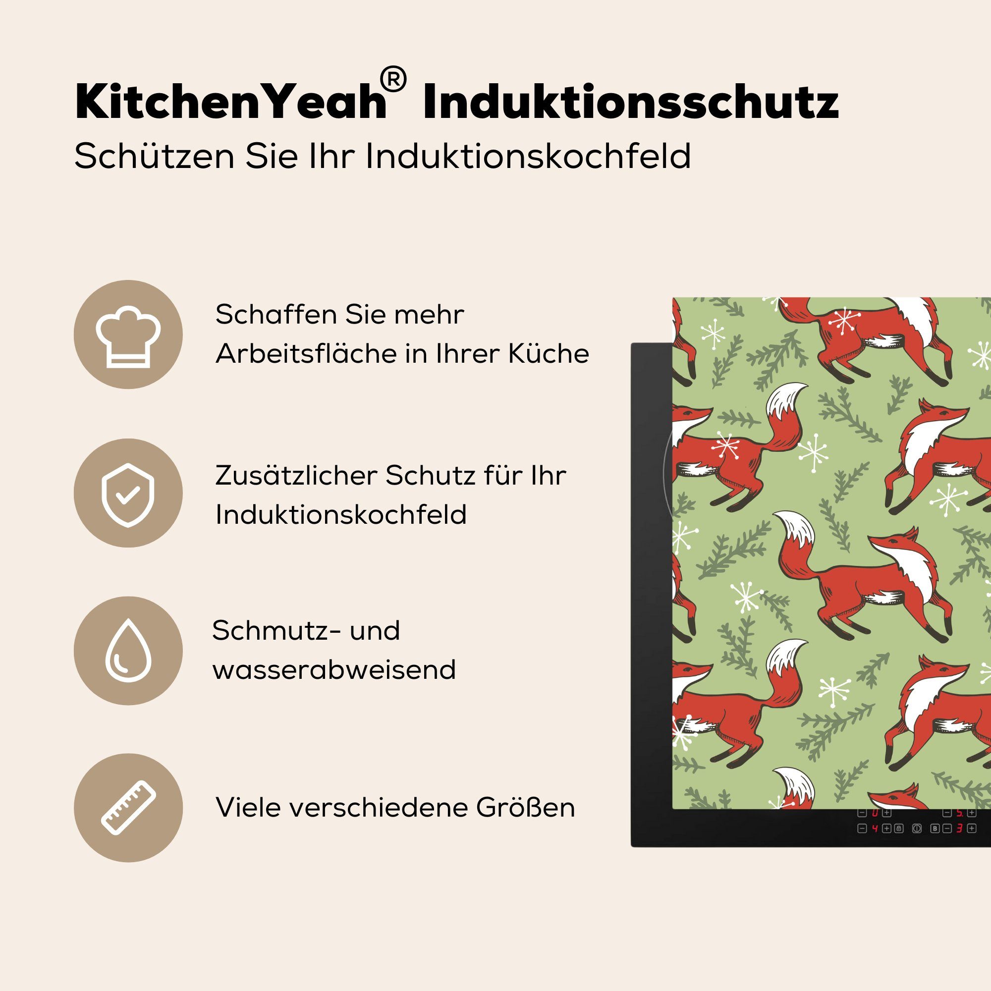 Füchse küche Vinyl, - (1 Arbeitsplatte Grün, Herdblende-/Abdeckplatte cm, für - MuchoWow tlg), 78x78 Muster Ceranfeldabdeckung,