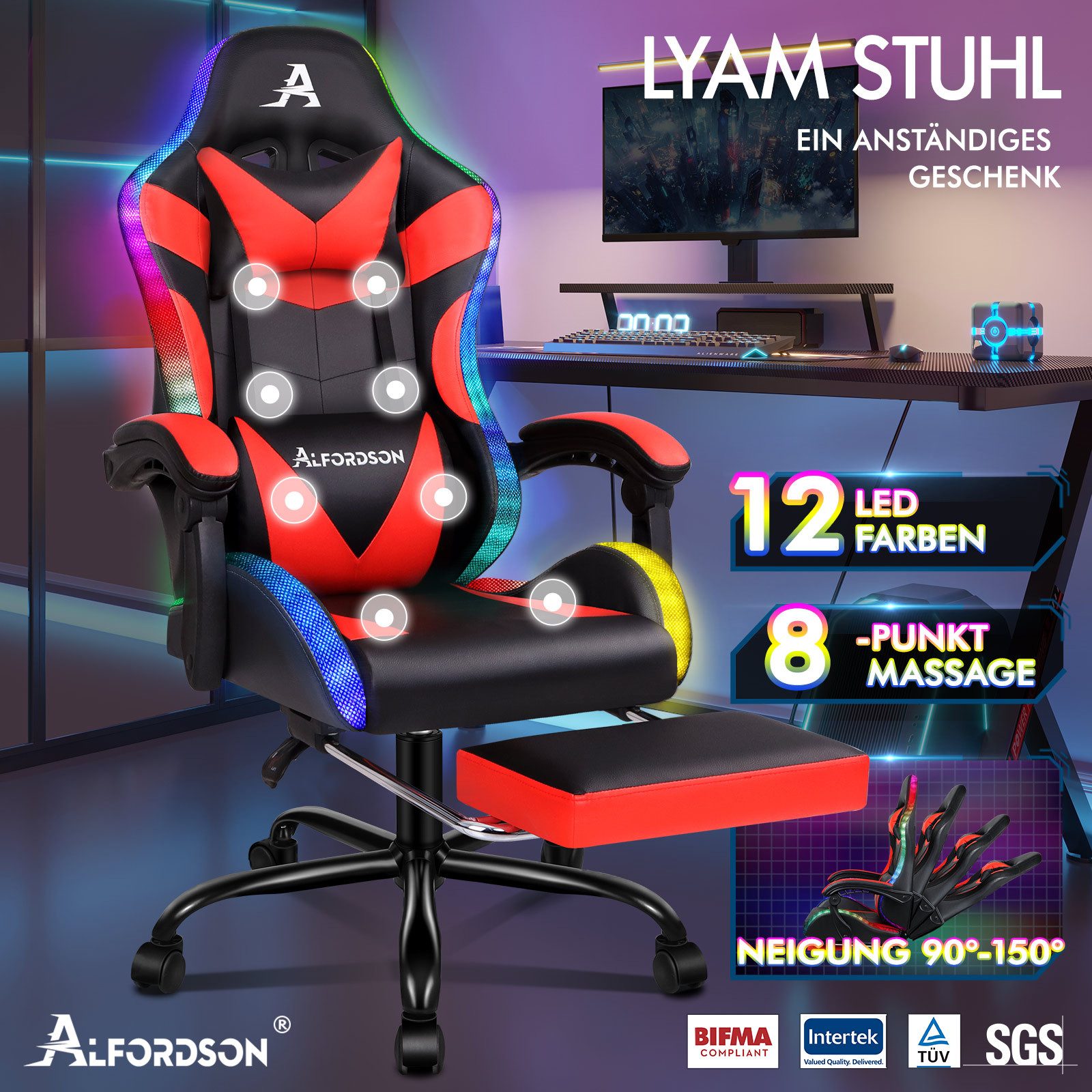 ALFORDSON Gaming-Stuhl Massagestuhl mit LED, ergonomischer Schreibtischstuh günstig online kaufen