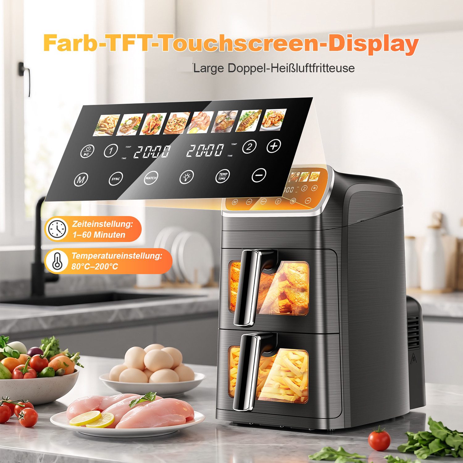 oyajia Heißluftfritteuse Heißluftfritteuse 2 Kammern, Airfryer 9L mit 8 voreingestellte Programme, LED Touch Farbdisplay, Sichtfenster, Unabhängige Temperaturregelung, 2800,00 W, Antihaft-Metallkörbe,4.5L+4.5L,fettarmes gesundes Kochen