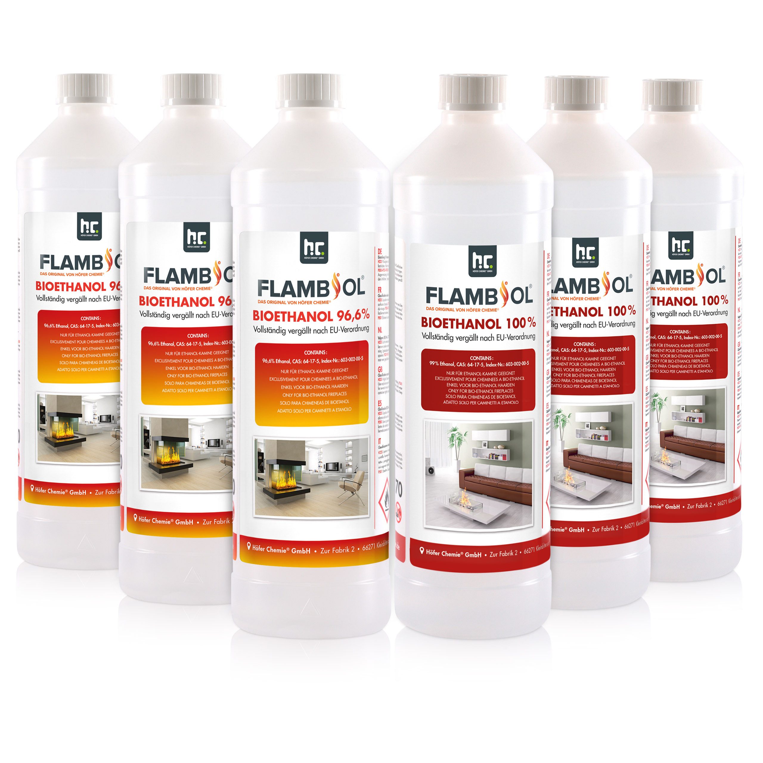 Höfer Chemie GmbH Bioethanol FLAMBIOL® Probierset 3x 1 L Bioethanol 96,6% + 3x 1 L Bioethanol 100%, Geruchsarmes Bioethanol für sauberes, rußfreies Abbrennen