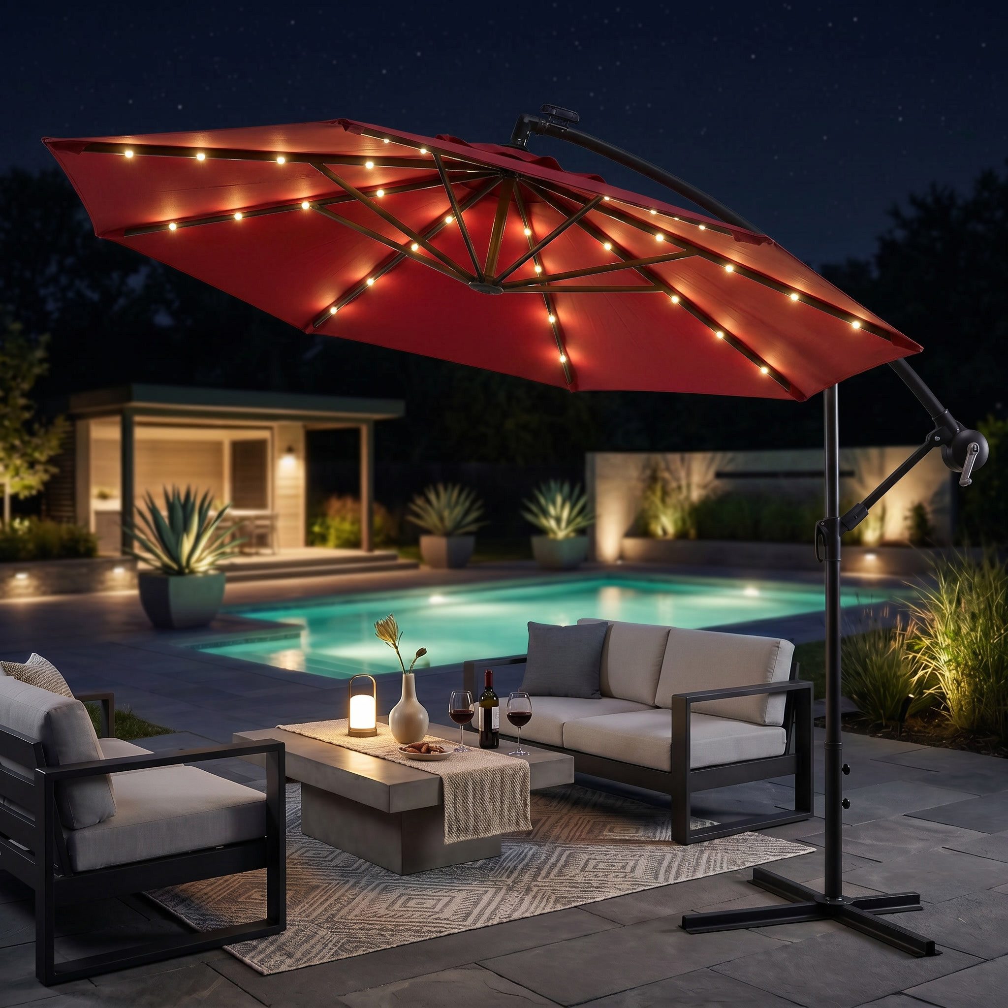 Swing&Harmonie Sonnenschirm mit LED Beleuchtung Luxus Ampelschirm 300 / 350cm, Garten Schirm inkl. Abdeckhaube