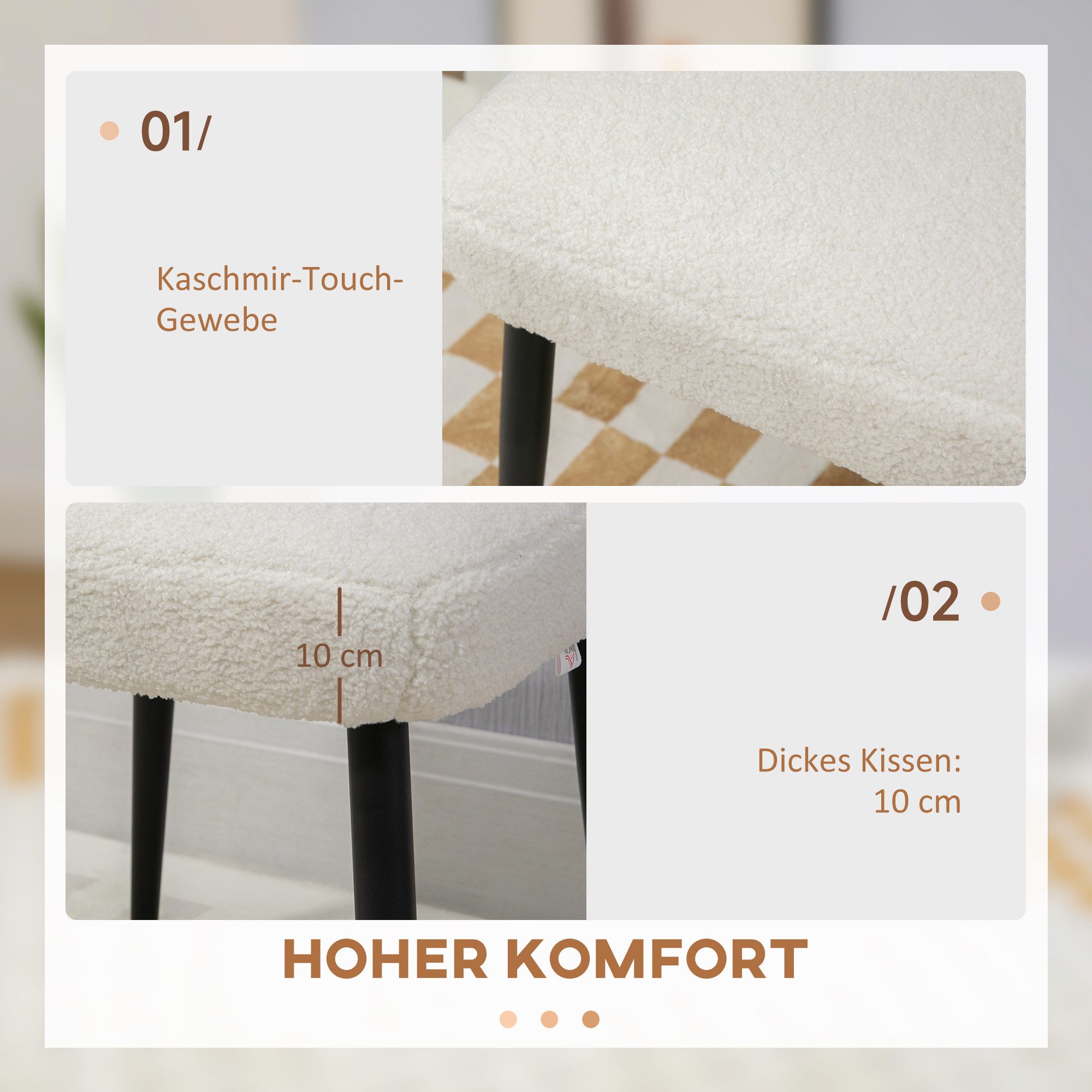 HOMCOM Fußhocker Hocker mit weichem Sitzkissen, Stahlbeinen, Polsterhocker Ottoman (Sitzhocker Quadratischer, 1 St., Schminkhocker), Cremeweiß 42 x 42 x 44 cm – Bild 4 von 5